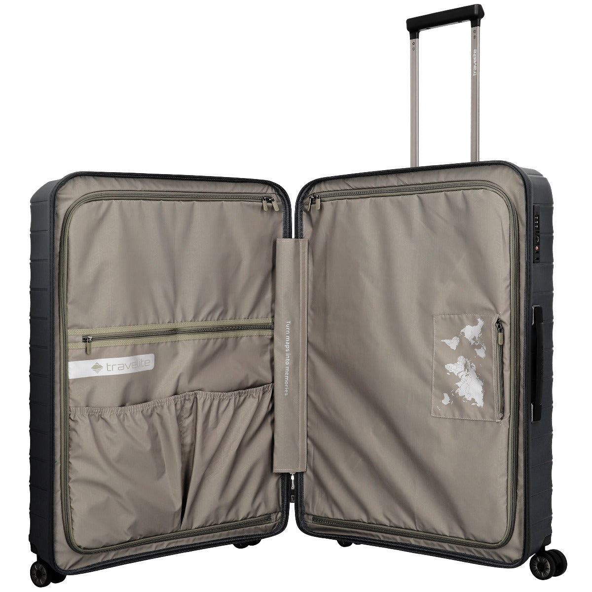 Geöffneter Travelite Mooby 4-Rollen Trolley 77 cm in Schwarz
