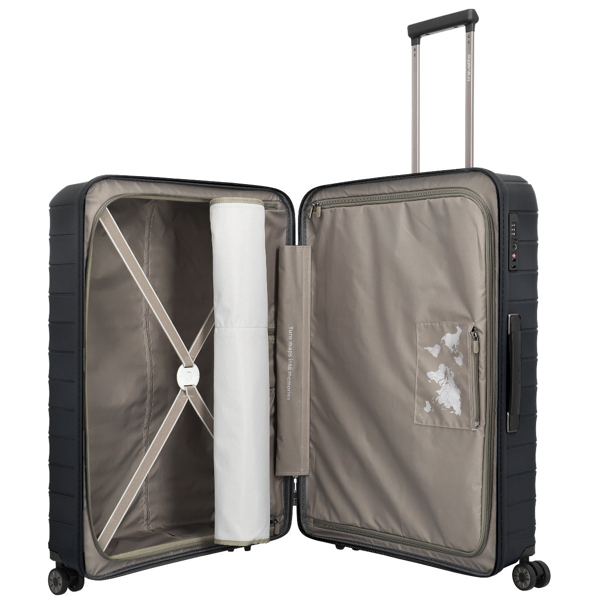 Geöffneter Travelite Mooby 4-Rollen Trolley 77 cm in Schwarz