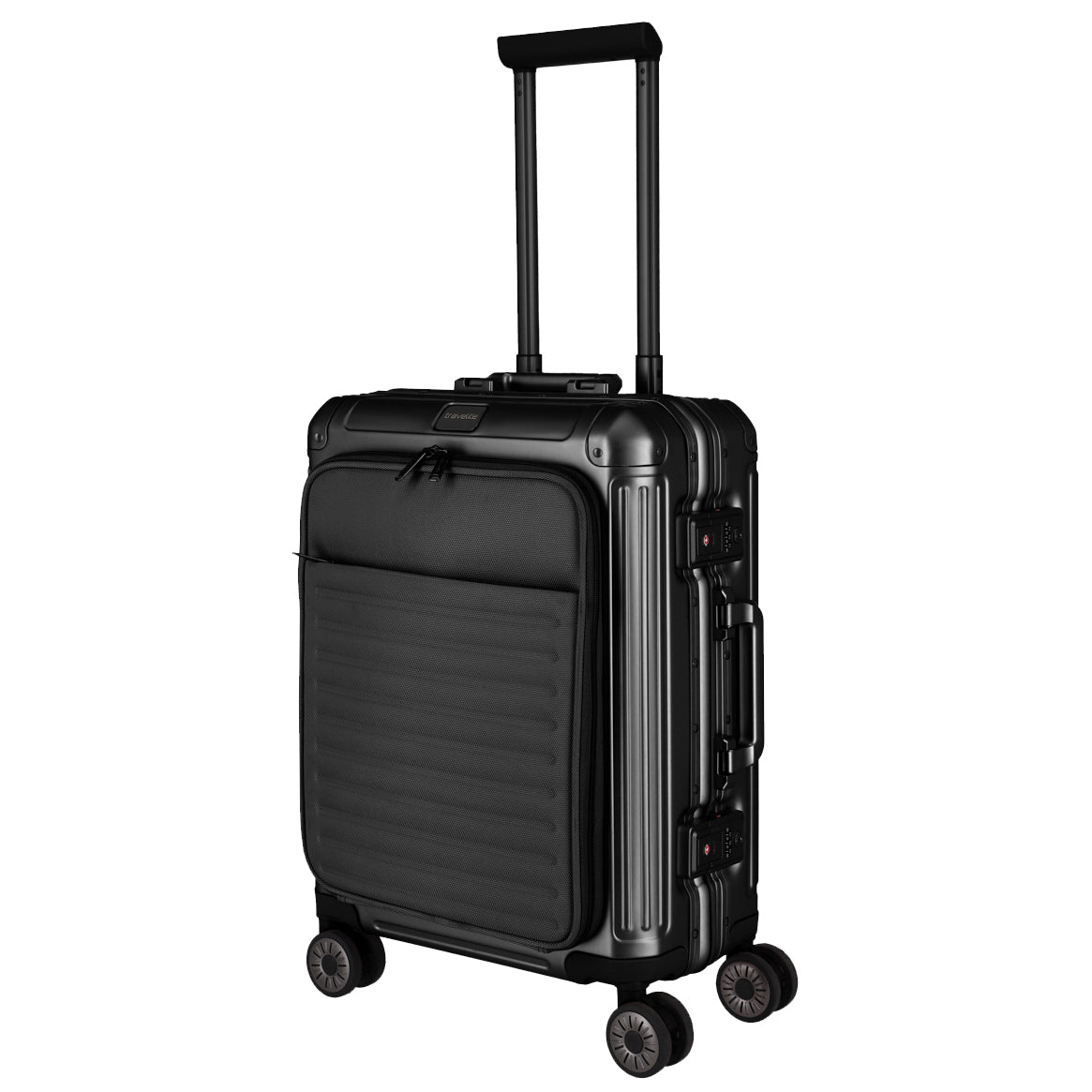 Travelite Next Aluminiumkoffer S mit Vortasche schwarz - Handgepäck 4-Rollen TSA