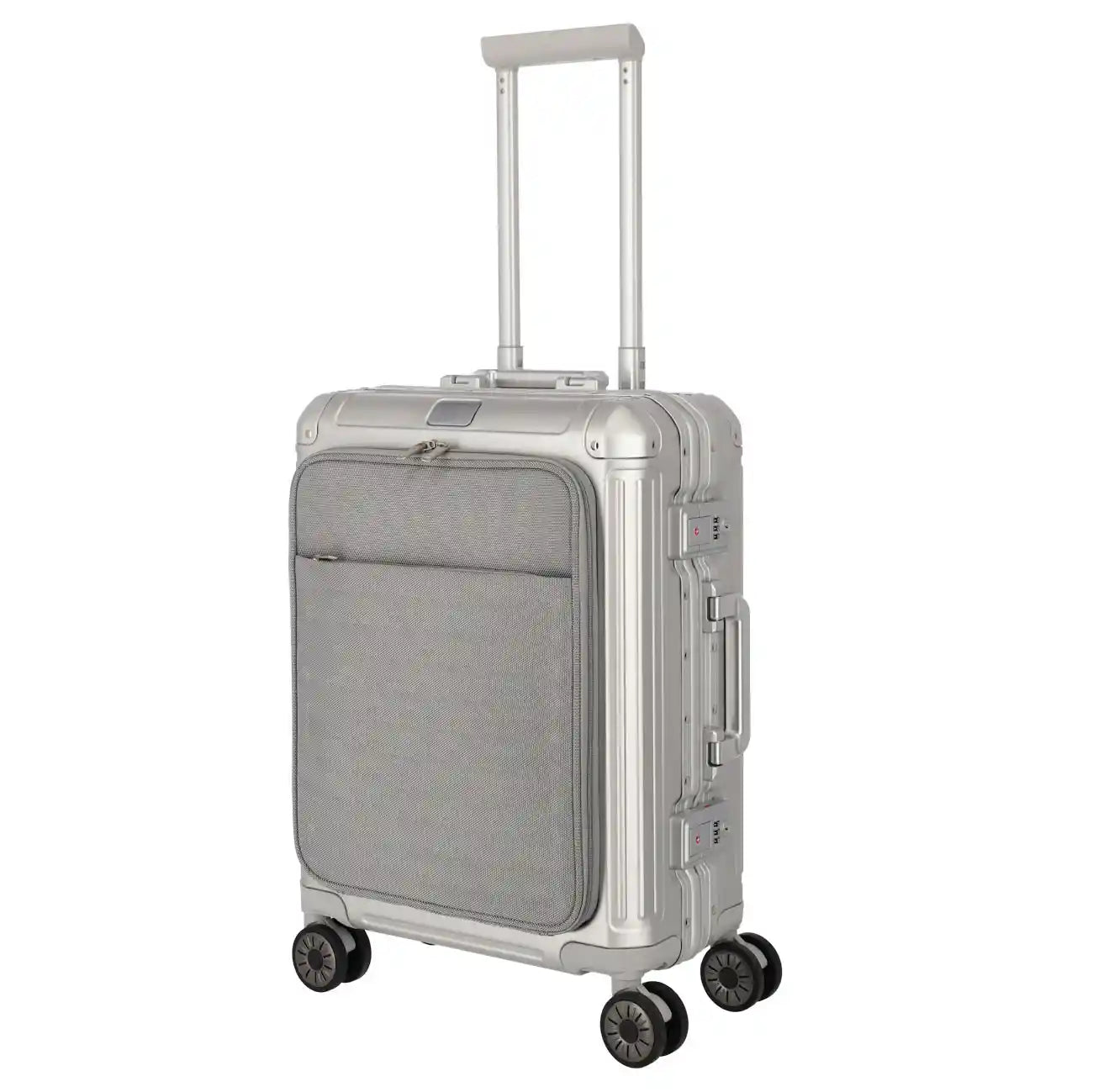 Travelite Next Aluminiumkoffer S mit Vortasche silber - Kleiner Handgepäck Koffer mit 4-Rollen und TSA-Schloss