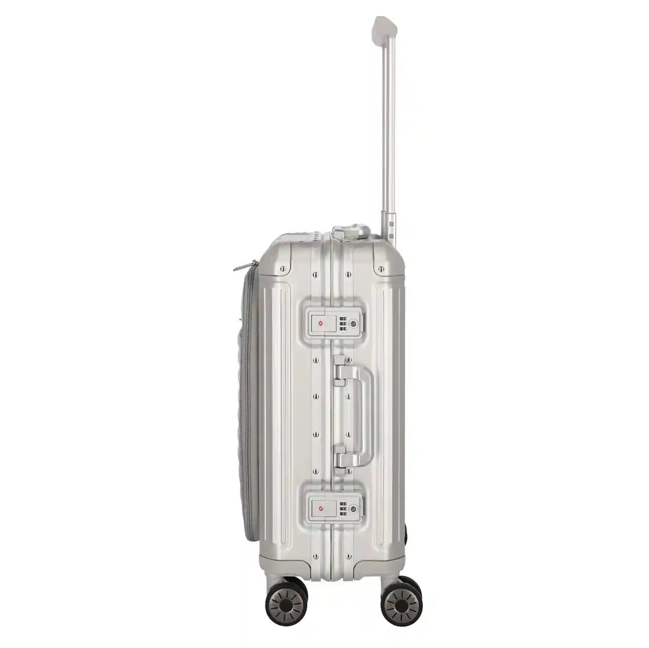 Seitenansicht vom kleinen Travelite Aluminium Koffer mit TSA-Schloss-System