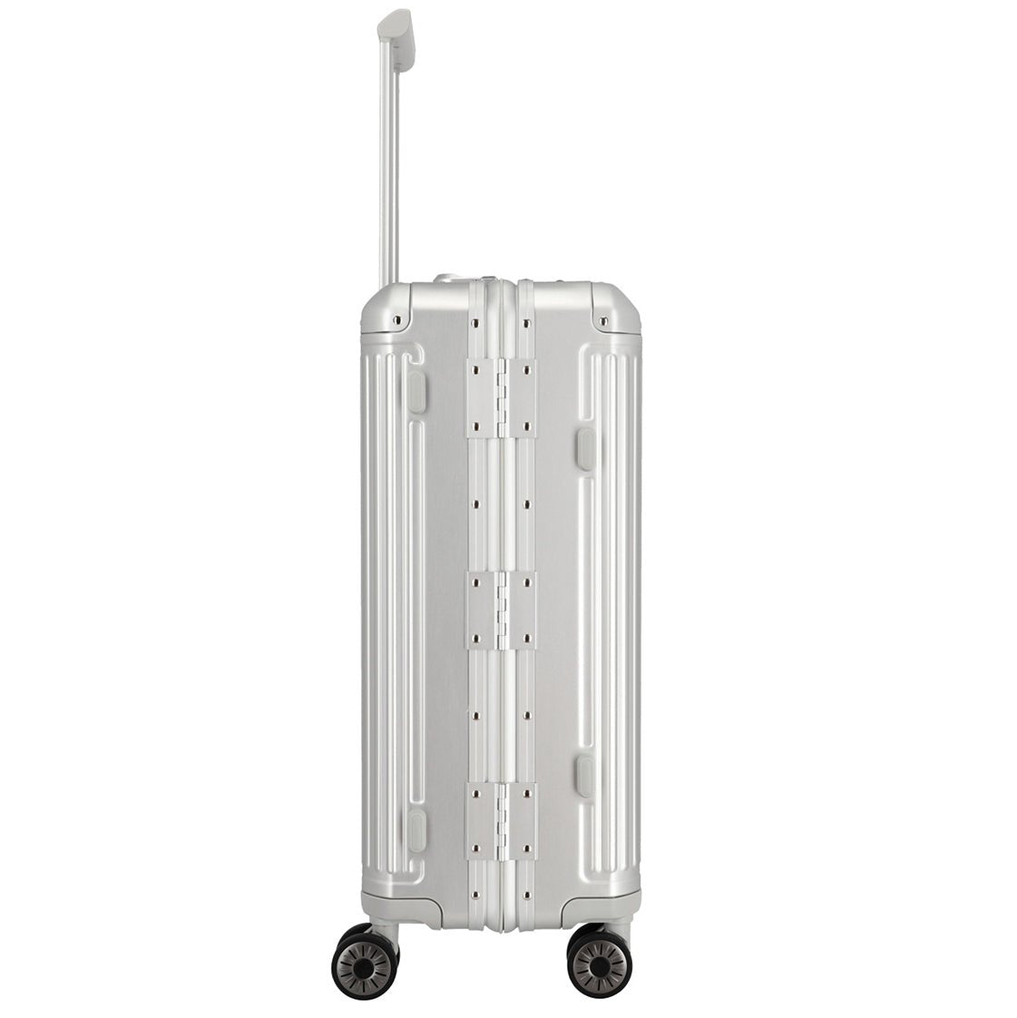 Travelite Next 4-Rollen Trolley M silber - Seitenansicht mit Rillenstruktur wie bei Rimowa Koffern