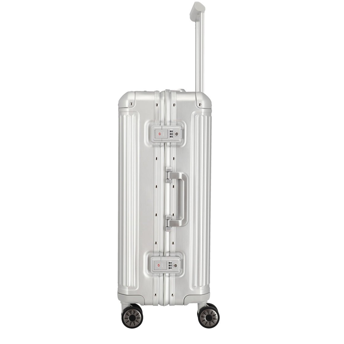 Travelite Next 4-Rollen Trolley M silber - Seitenansicht mit Rillenstruktur und TSA-Lock-System wie bei Rimowa