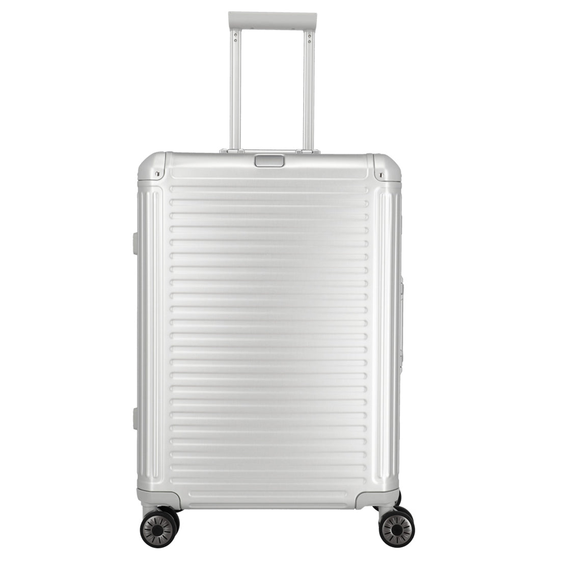 Frontansicht mittlerer Koffer aus Aluminium mit Rillenstruktur wie bei Rimowa