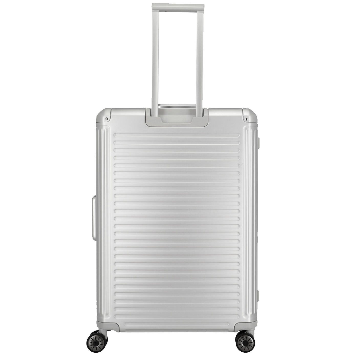 Rückansicht großer Koffer aus Aluminium in Silber mit Rillenstruktur ähnlich wie bei Rimowa