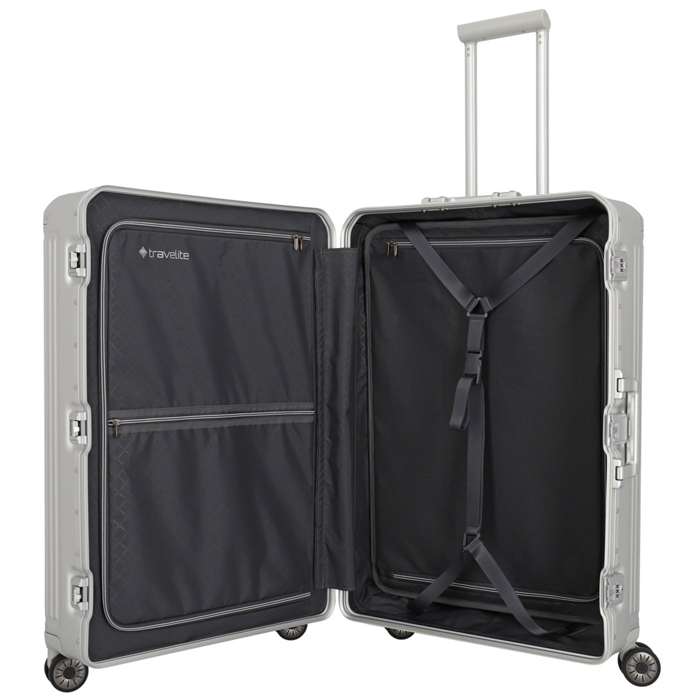 Geöffneter Trolley aus Aluminium mit guter Innenorganisation ähnlich wie Rimowa Koffer