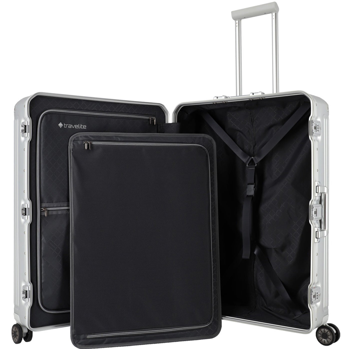 Großer geöffneter Aluminium Koffer von Travelite mit herausnehmbarer Packplatte wie bei Rimowa Koffern