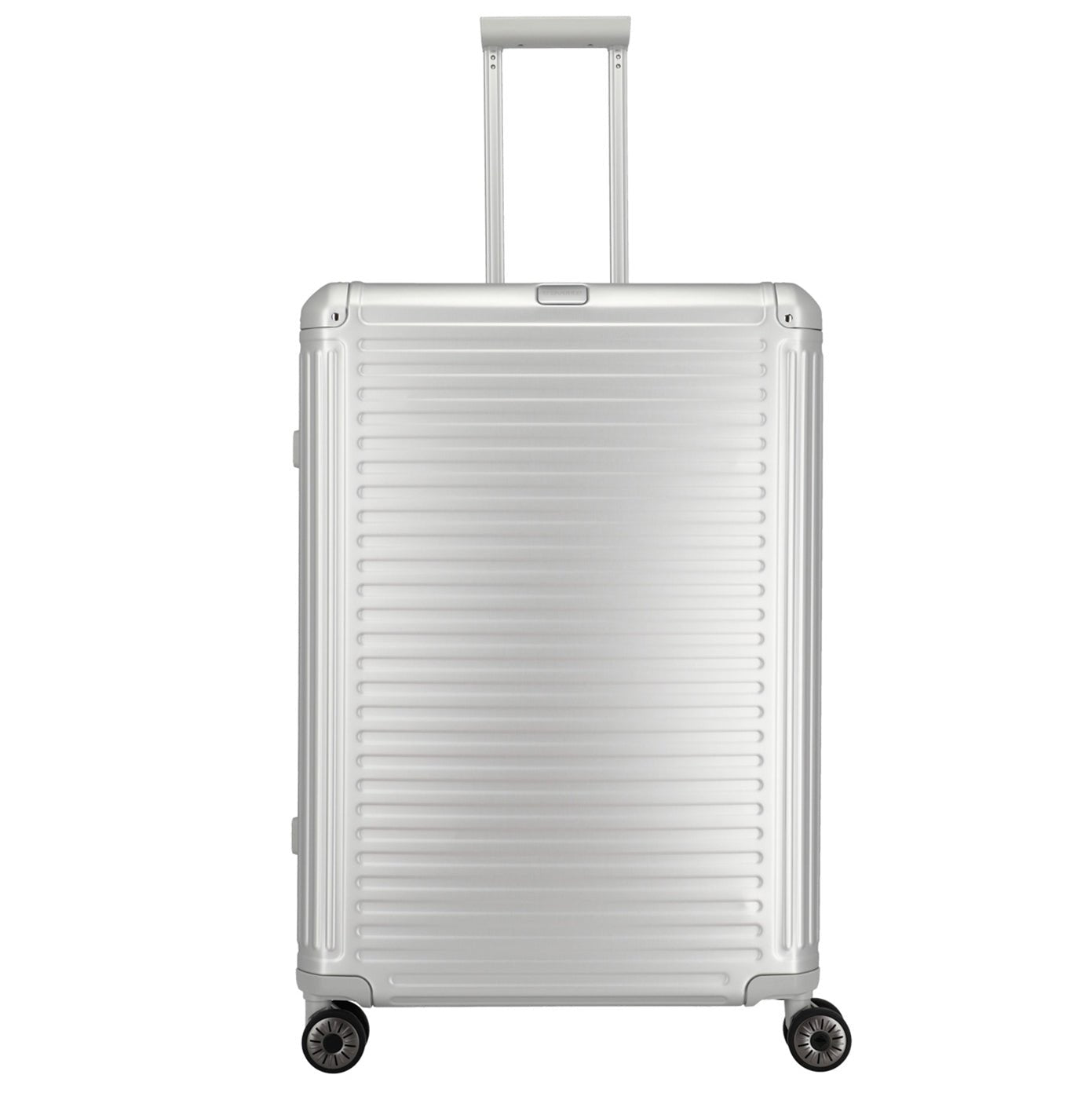 Frontansicht eines silbernen Aluminium Trolleys mit 4 leichtläufigen Doppelrollen