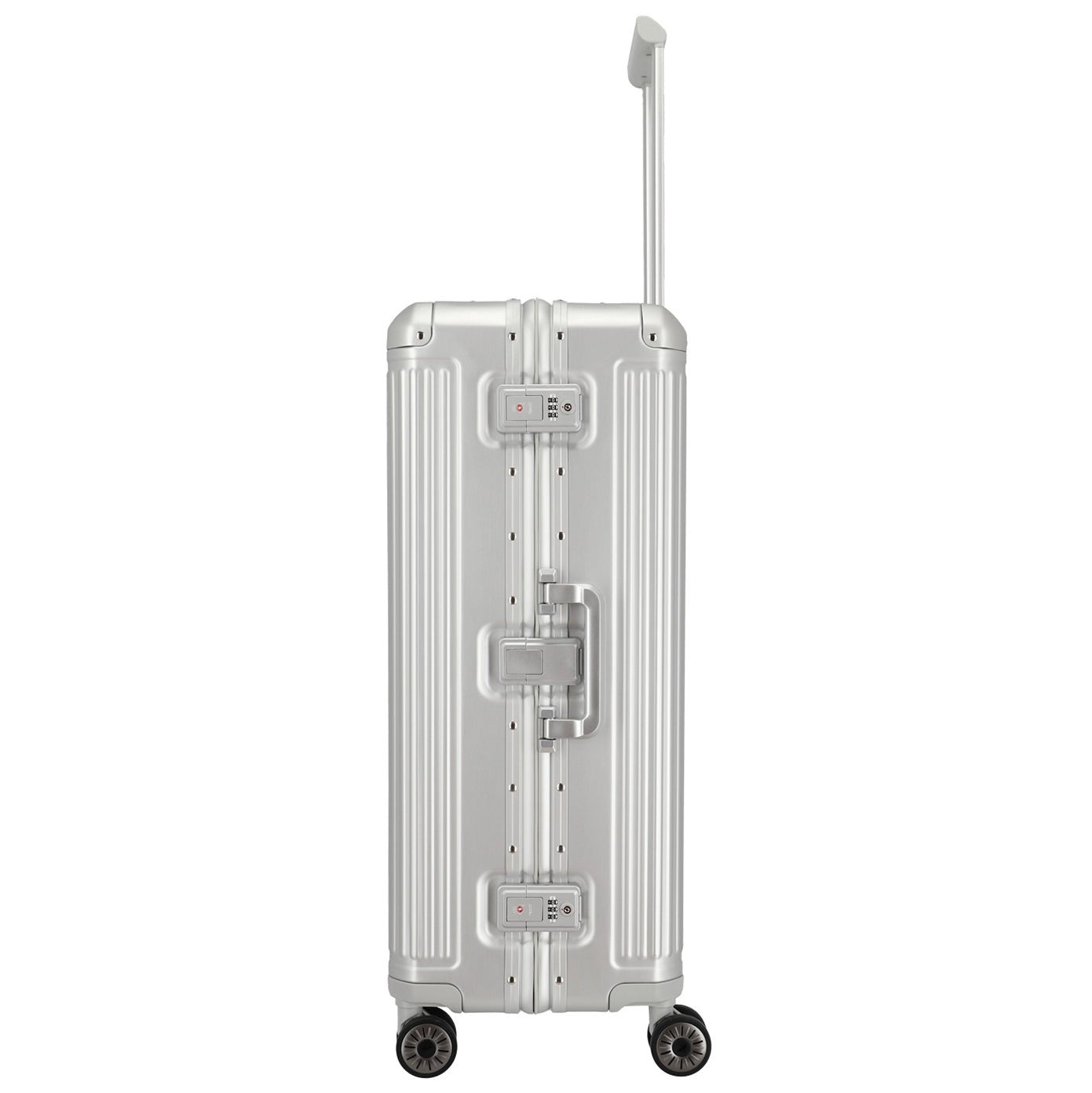 Großer Koffer as Aluminium in der Seitenansicht, TSA-Schlösser und Schnallen wie bei Rimowa Alu Koffern