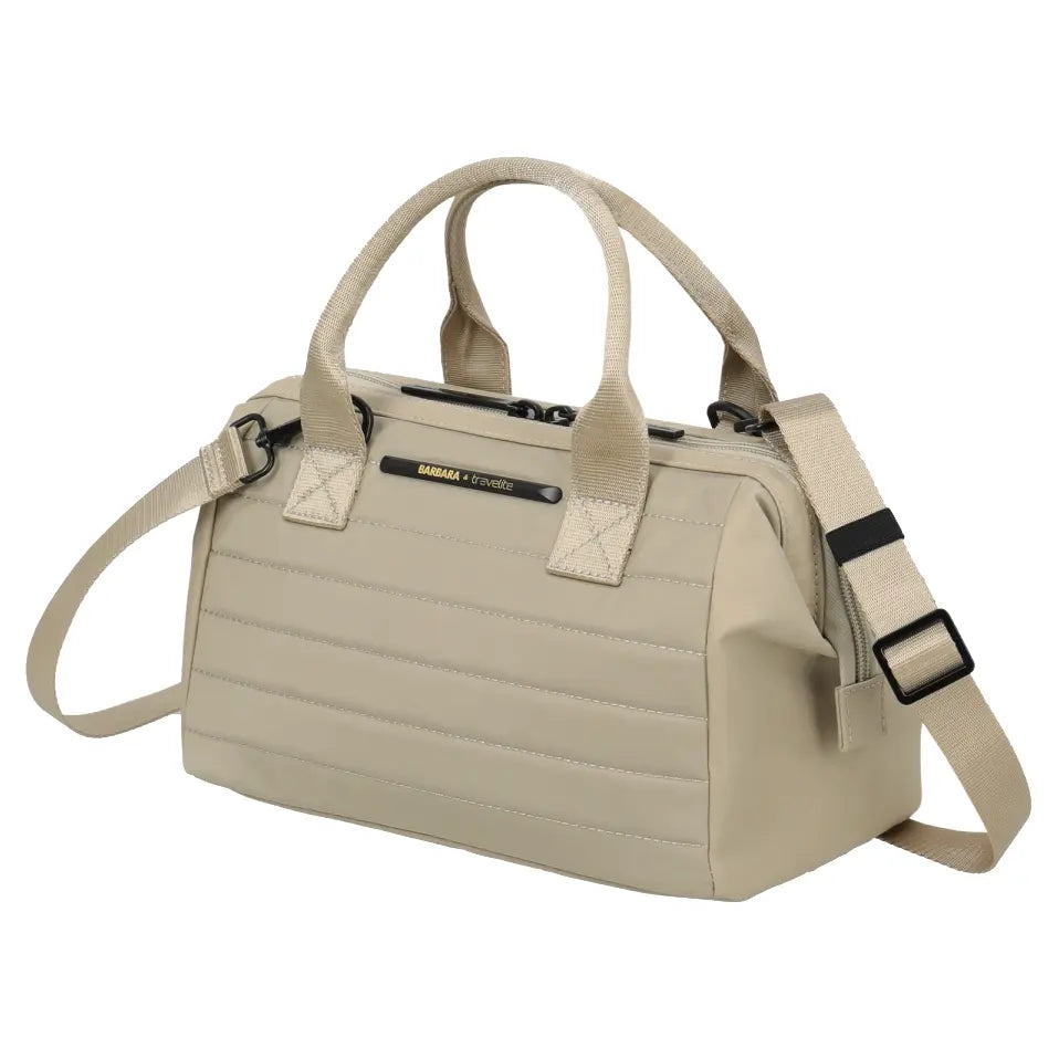 Seitenansicht Kosmetikbag "Barbara und Travelite" in beige & Umhängegurt