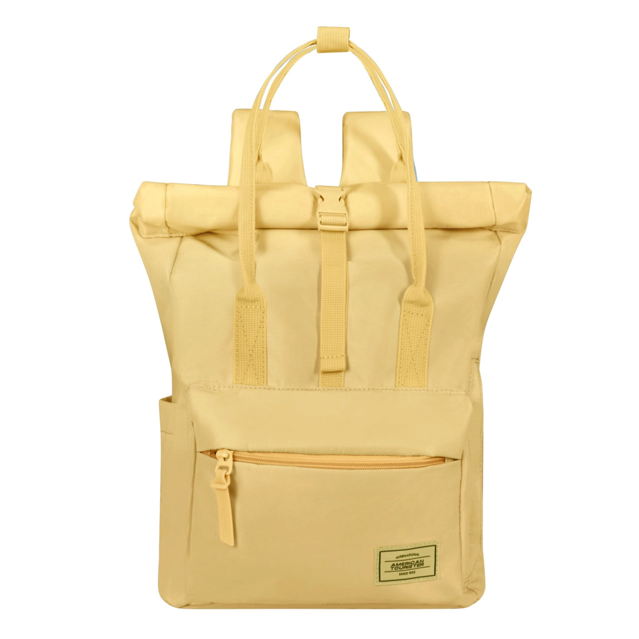 Pastel Gelber Rolltop-Rucksack mit Schnalle und 2 Tragegriffen und Fronttasche