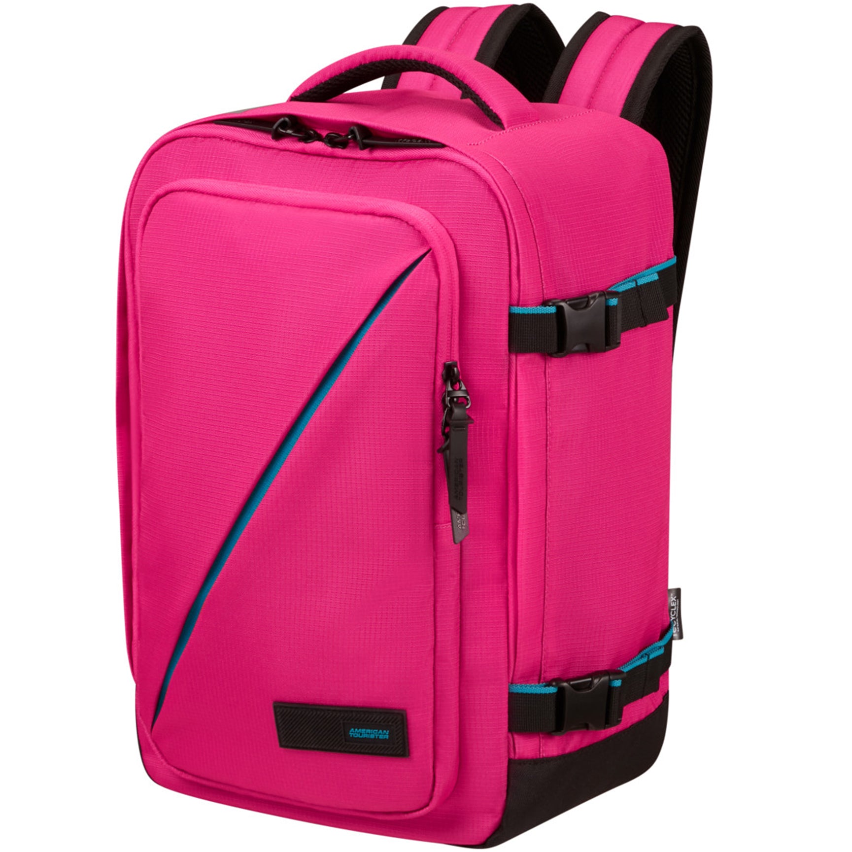 Pinker, kastenförmiger Rucksack mit großer Fronttasche und weichem Griff oben