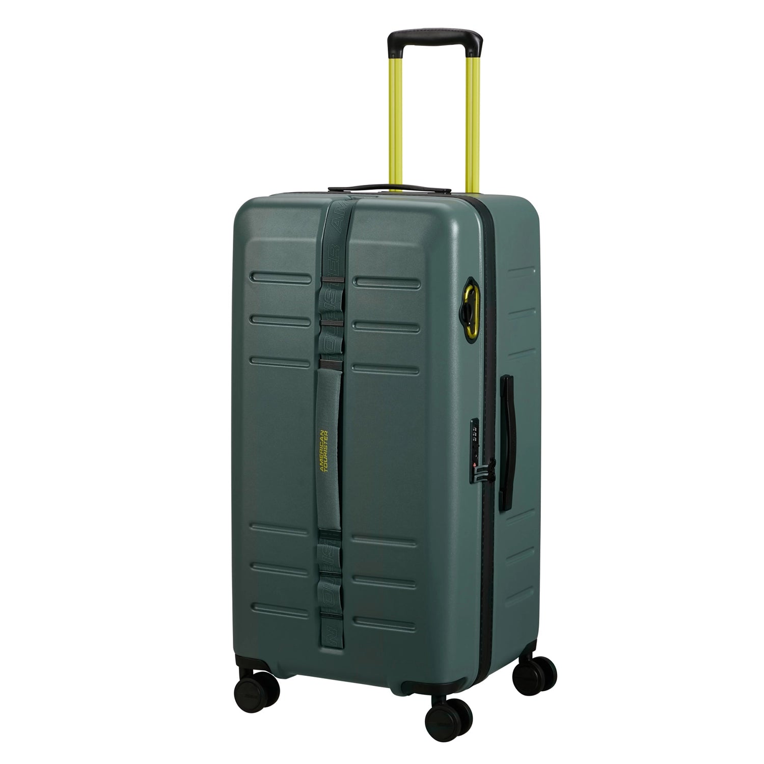 80 cm hoher, grüner Hartschalentrolley mit 4 Rollen, gelbem Gestänge und Karabinerhaken an der Seite von American Tourister