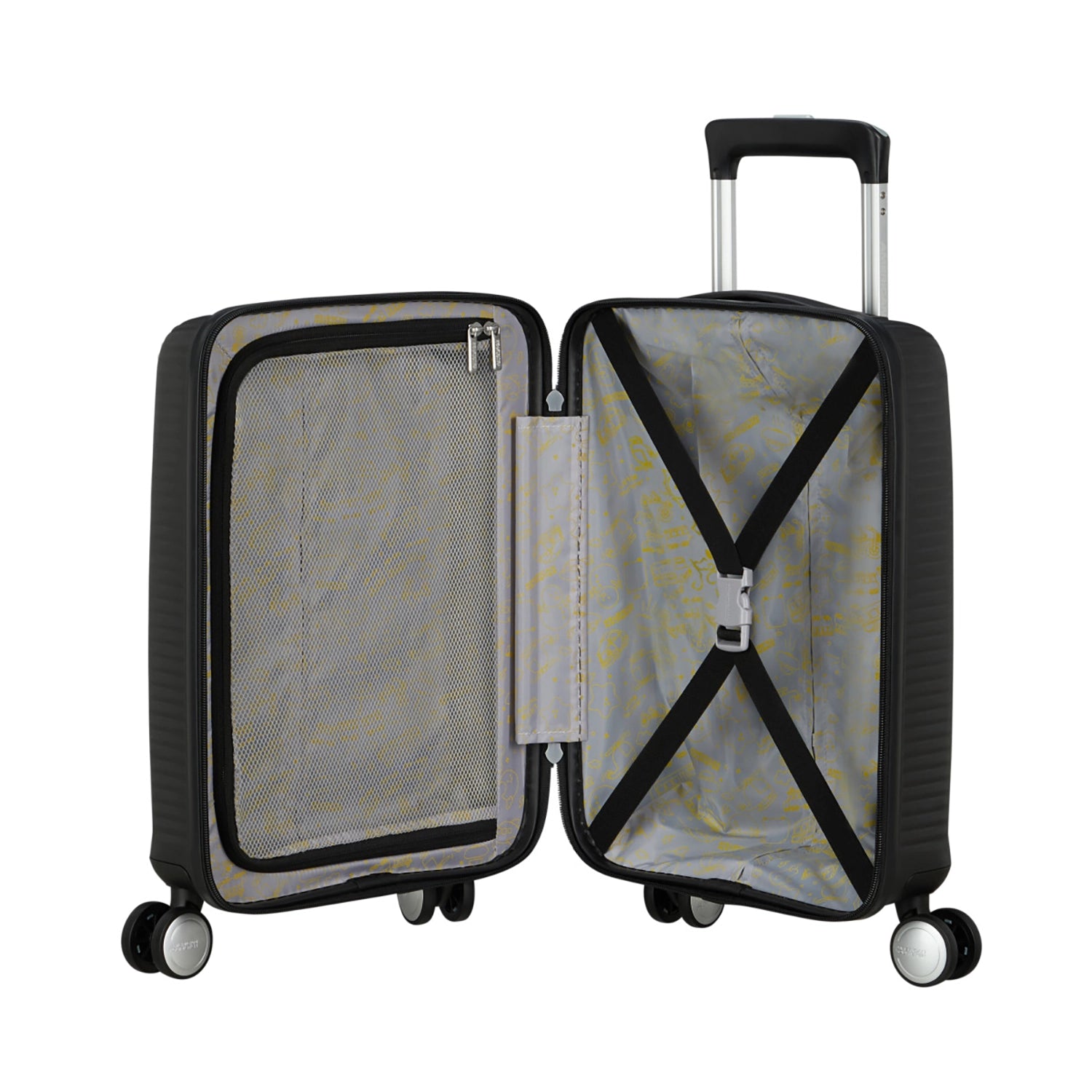 Geöffneter Koffer in Schwarz mit hellgrauem Innenfutter, Kreuzspanngurten rechts und Reißverschlussfach links