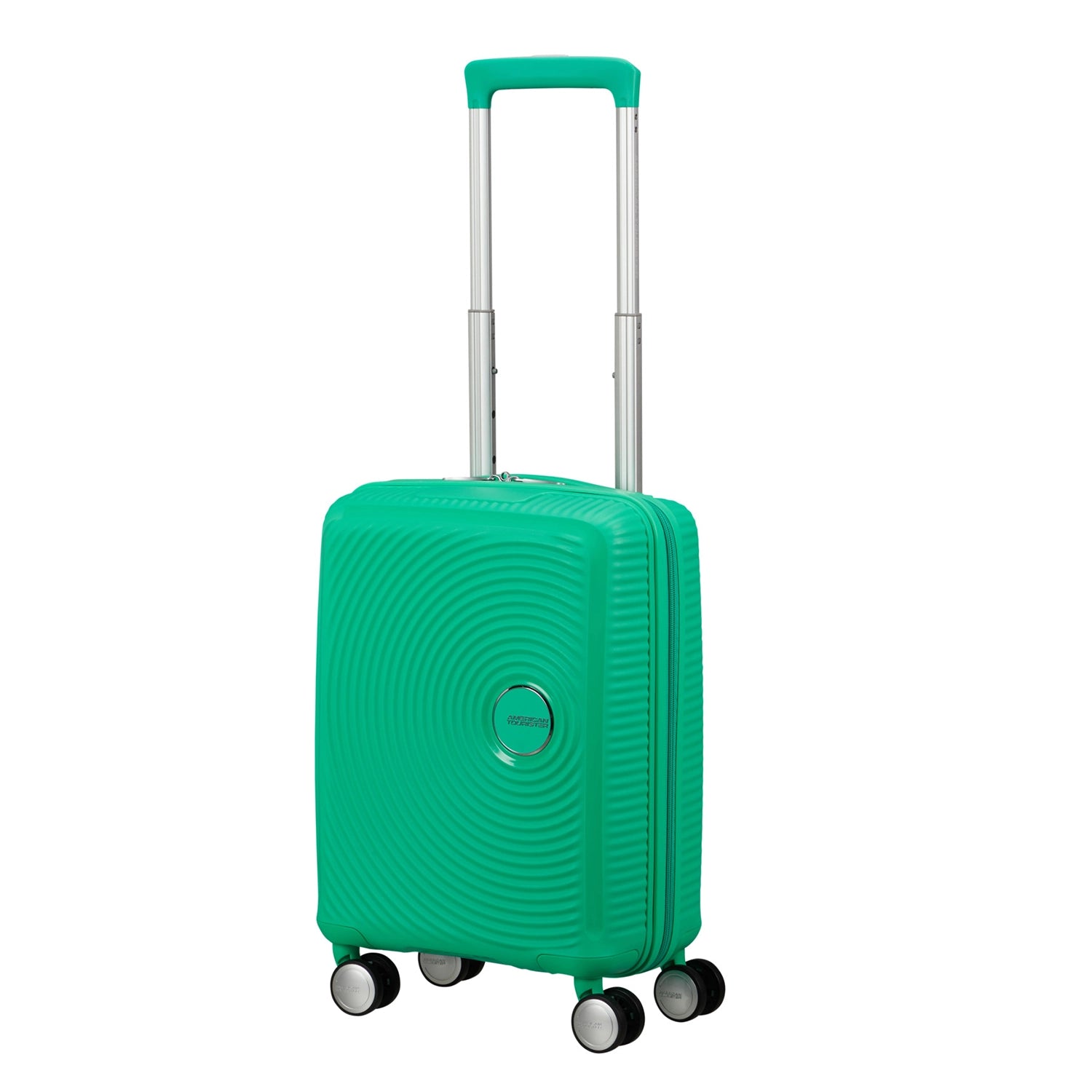 Mini Trolley in Bright Greenl von vorne mit kreisrundem Rillen-Design mit ausgezogenem Gestänge