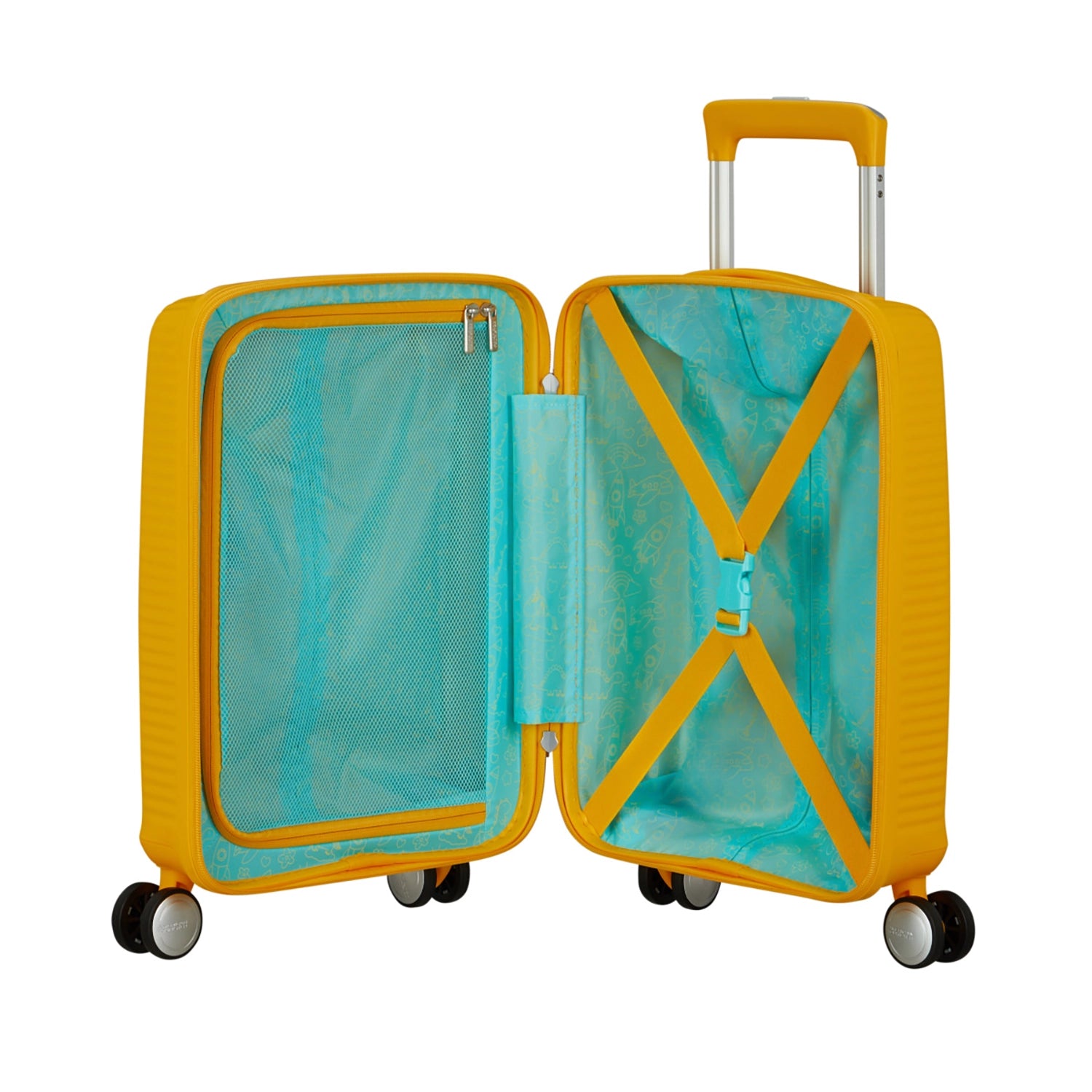 Geöffneter Koffer in Gelb mit türkisfarbenem Innenfutter, Kreuzspanngurten rechts und Reißverschlussfach links