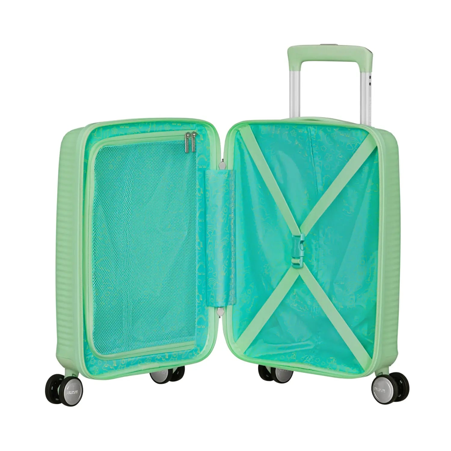 Geöffneter Koffer in Pastell Grün mit türkisfarbenem Innenfutter, Kreuzspanngurten rechts und Reißverschlussfach links