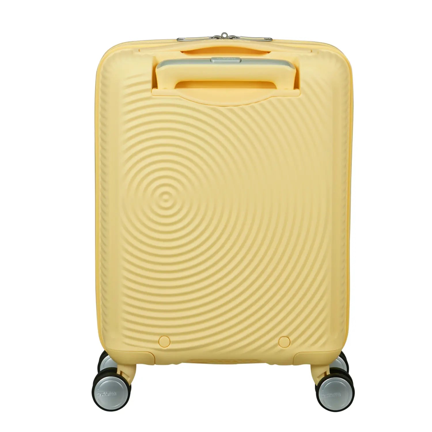 Rückansicht eines kleinen, hellgelben 4-Rollen Hartschalentrolleys von American Tourister