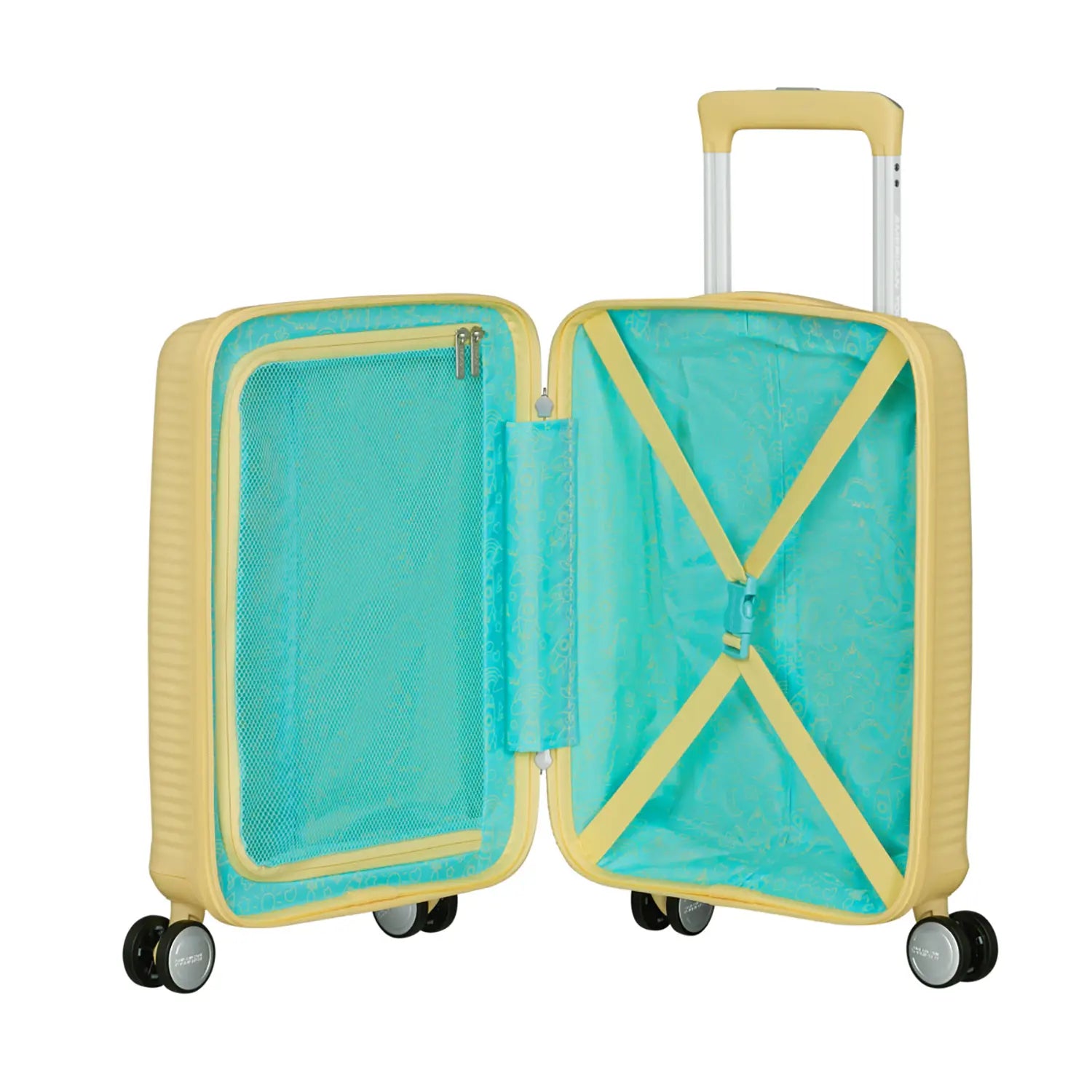 Geöffneter hellgelber 4-Rollen Hartschalentrolley mit türkisfarbenem Innenfutter, Kreuzspanngurt und Reißverschluss-Netzfach