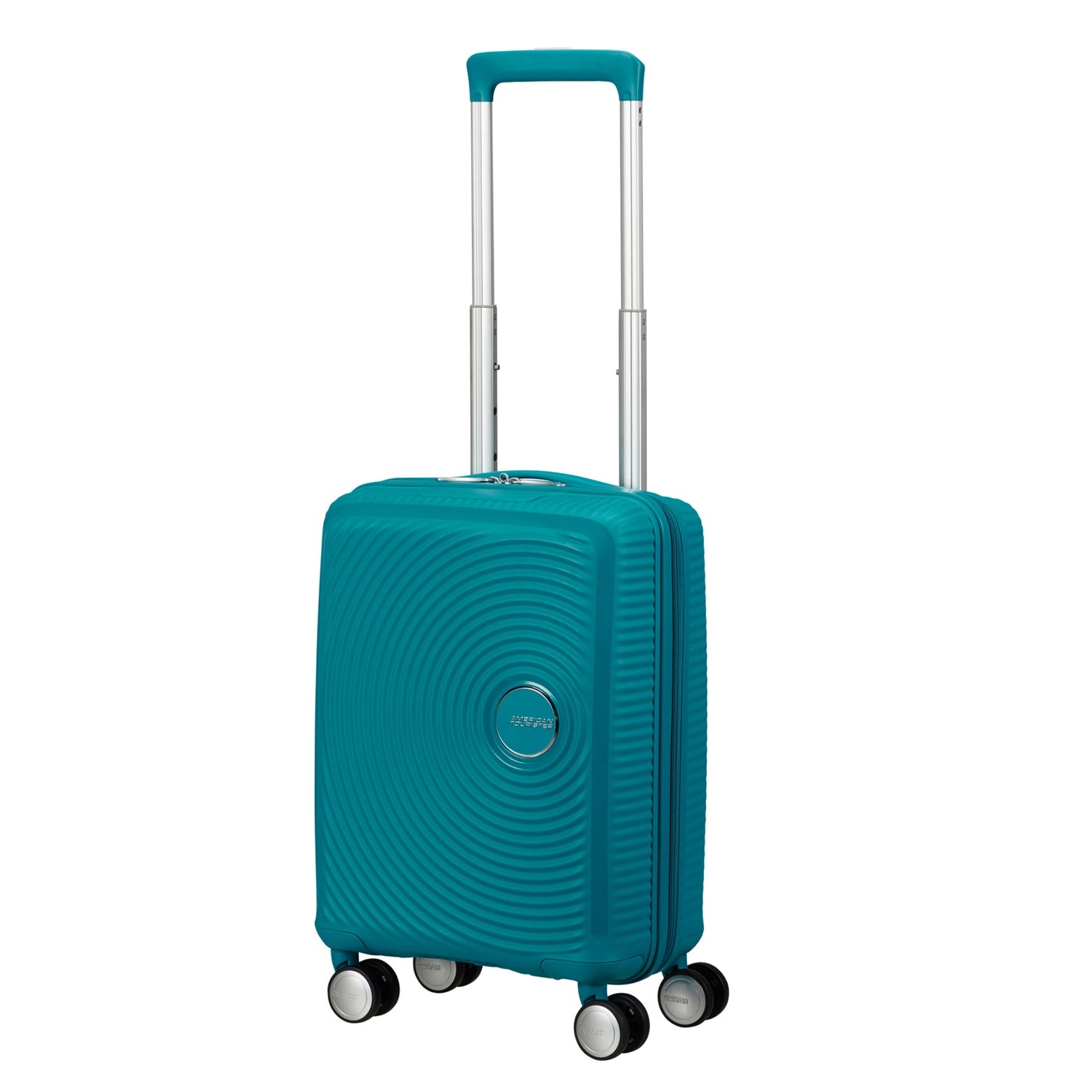 Mini Trolley in Deep Teal von vorne mit kreisrundem Rillen-Design und ausgezogenem Gestänge