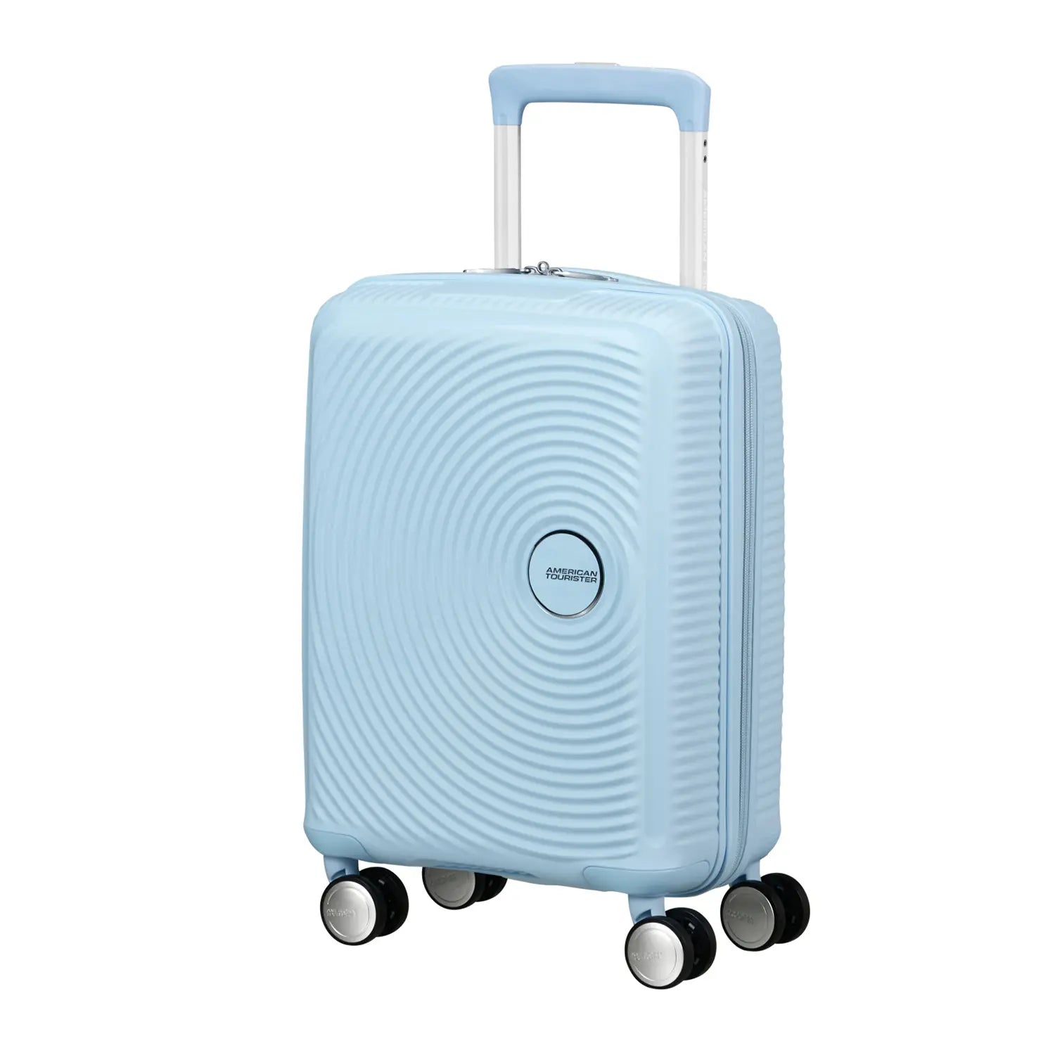 Mini Trolley in Pastellblau von vorne mit kreisrundem Rillen-Design