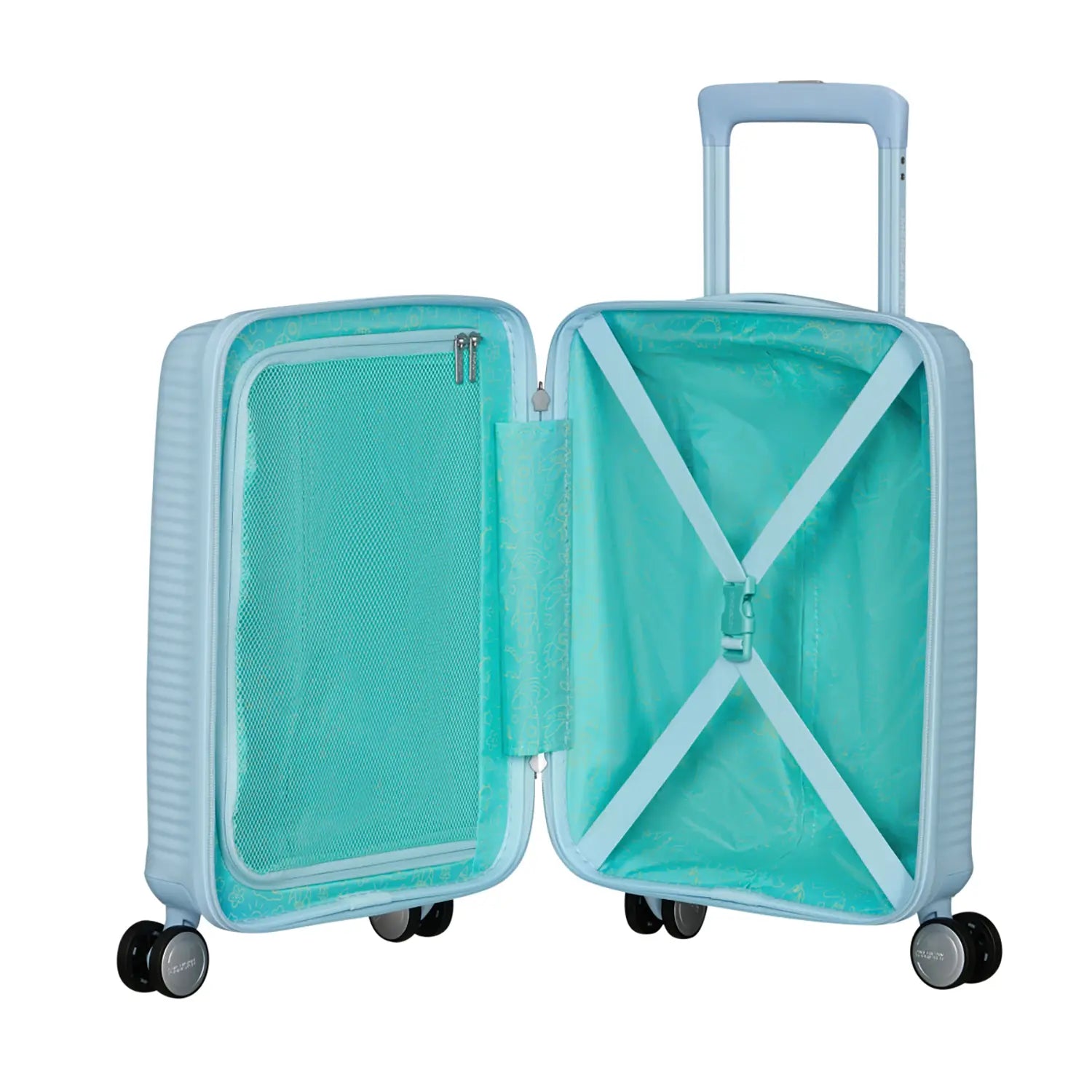 Geöffneter Koffer in Pastellblau mit türkisfarbenem Innenfutter, Kreuzspanngurten rechts und Reißverschlussfach links