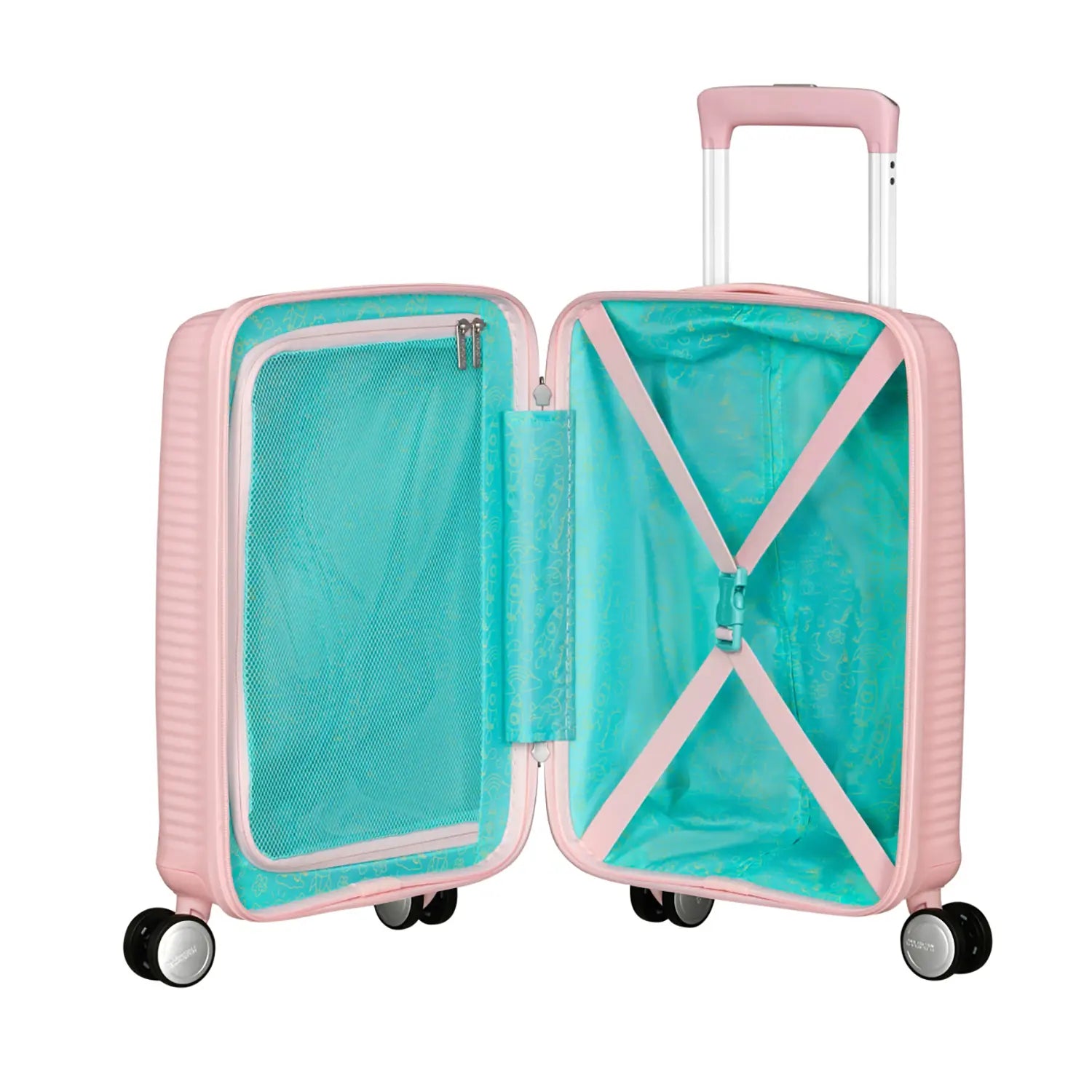 Geöffneter Koffer in Zartrosa mit türkisfarbenem Innenfutter, Kreuzspanngurten rechts und Reißverschlussfach links