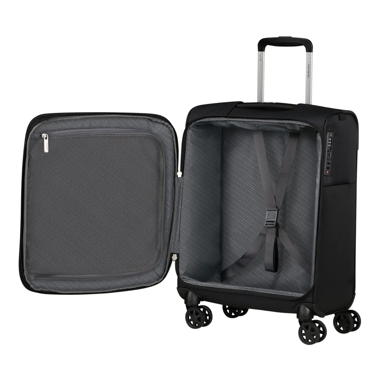 Innenansicht des Samsonite Base Breeze Spinner 55 cm mit Kreuzspanngurten und Reißverschluss-Trennwand