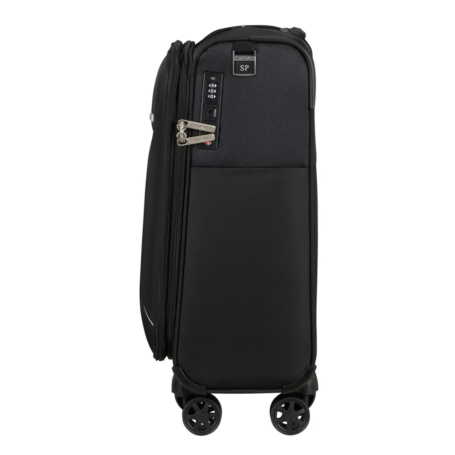 Seitenansicht des Samsonite Base Breeze Spinner 55 cm mit vier leichtgängigen Doppelrollen