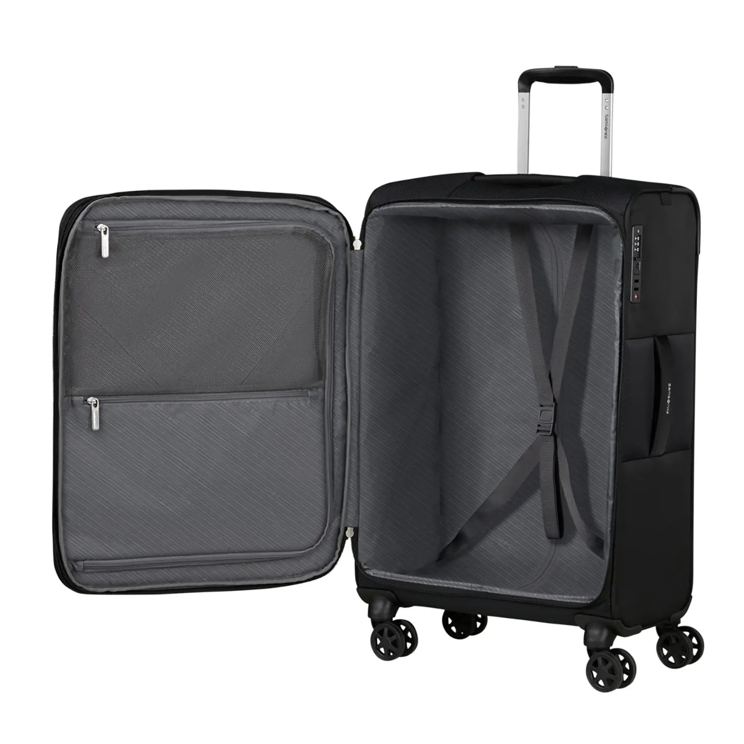 Innenansicht des Samsonite Base Breeze Spinner 67 cm mit Kreuzspanngurten und Trennwand