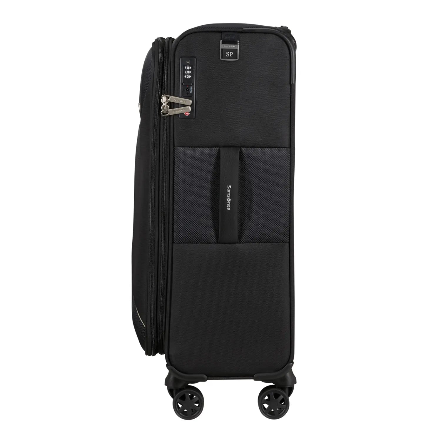Seitenansicht des Samsonite Base Breeze Spinner 67 cm mit vier leichtgängigen Doppelrollen