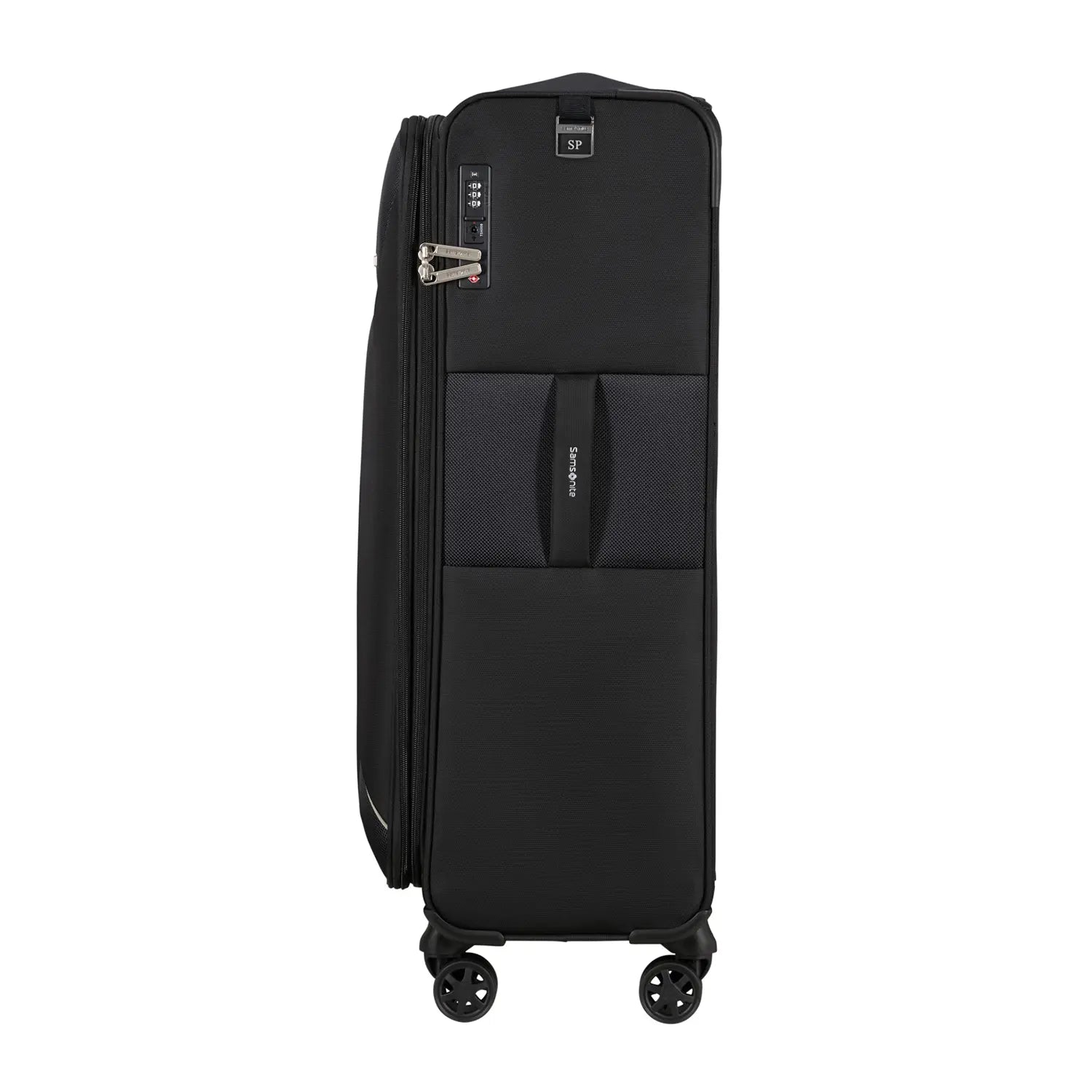 Seitenansicht des Samsonite Base Breeze Spinner 78 cm mit vier leichtgängigen Doppelrollen