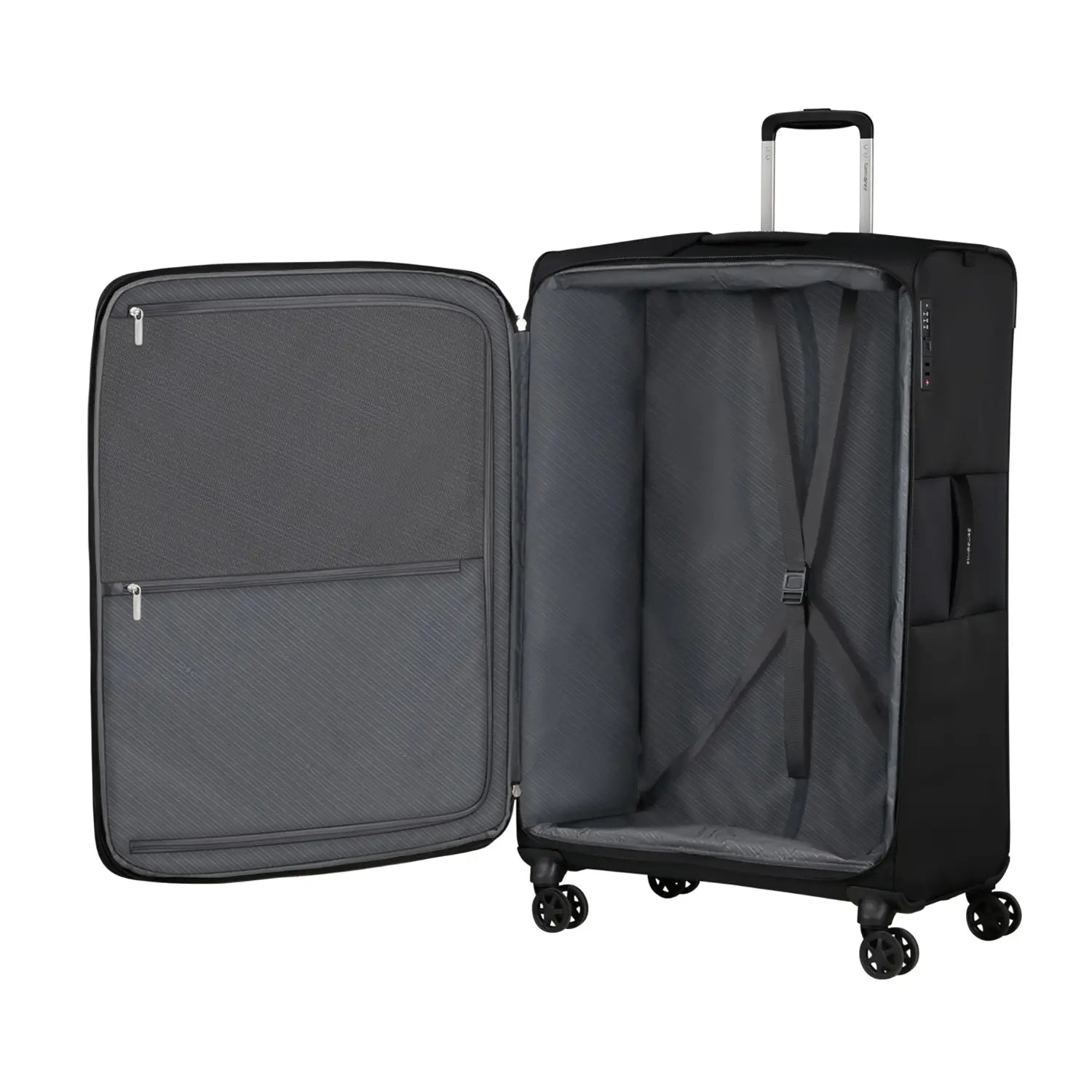 Innenansicht des Samsonite Base Breeze Spinner 81 cm mit Trennwand und Kreuzspanngurten
