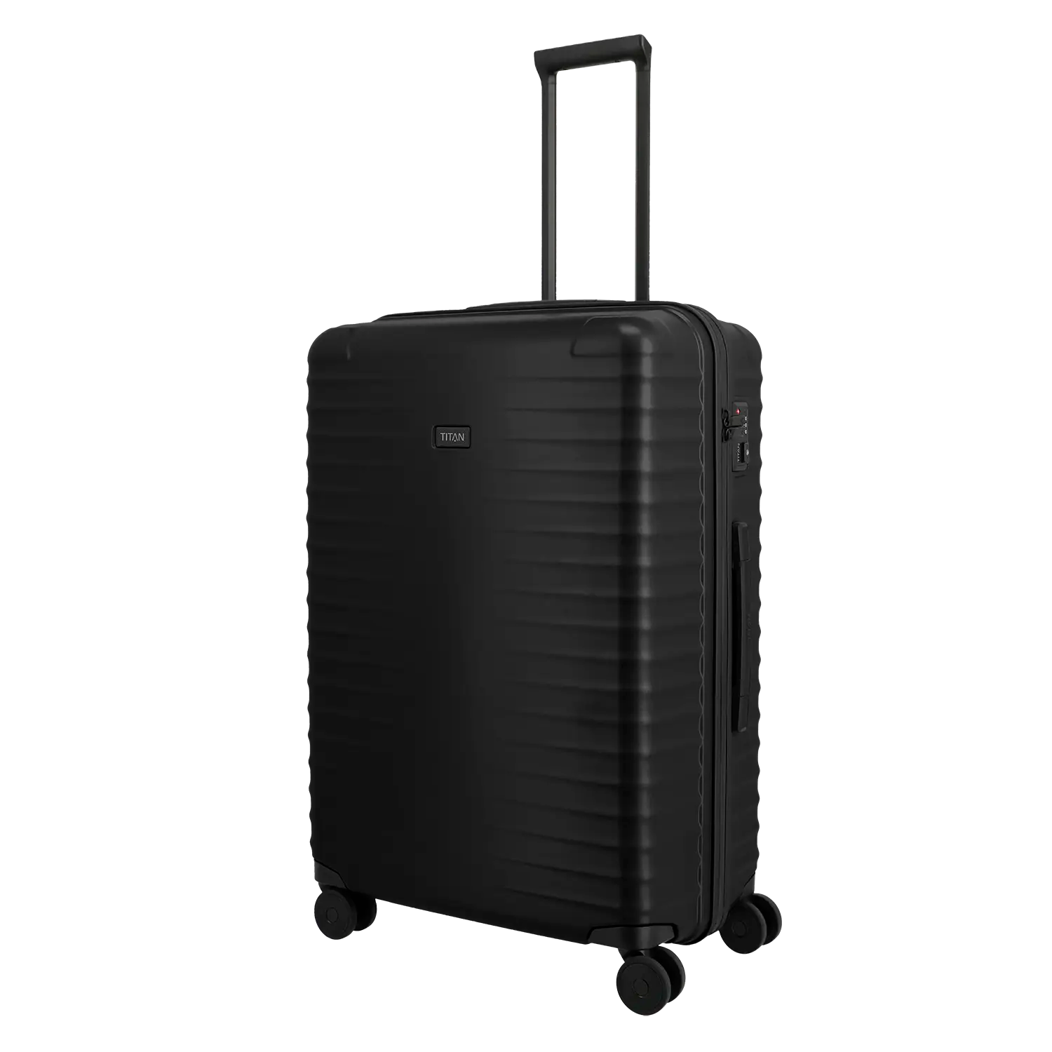 Großer Koffer Titan Upgrade Trolley L 75 cm - Seitenansicht mit vier hochwertigen Spinner-Rollen Nightshade Black
