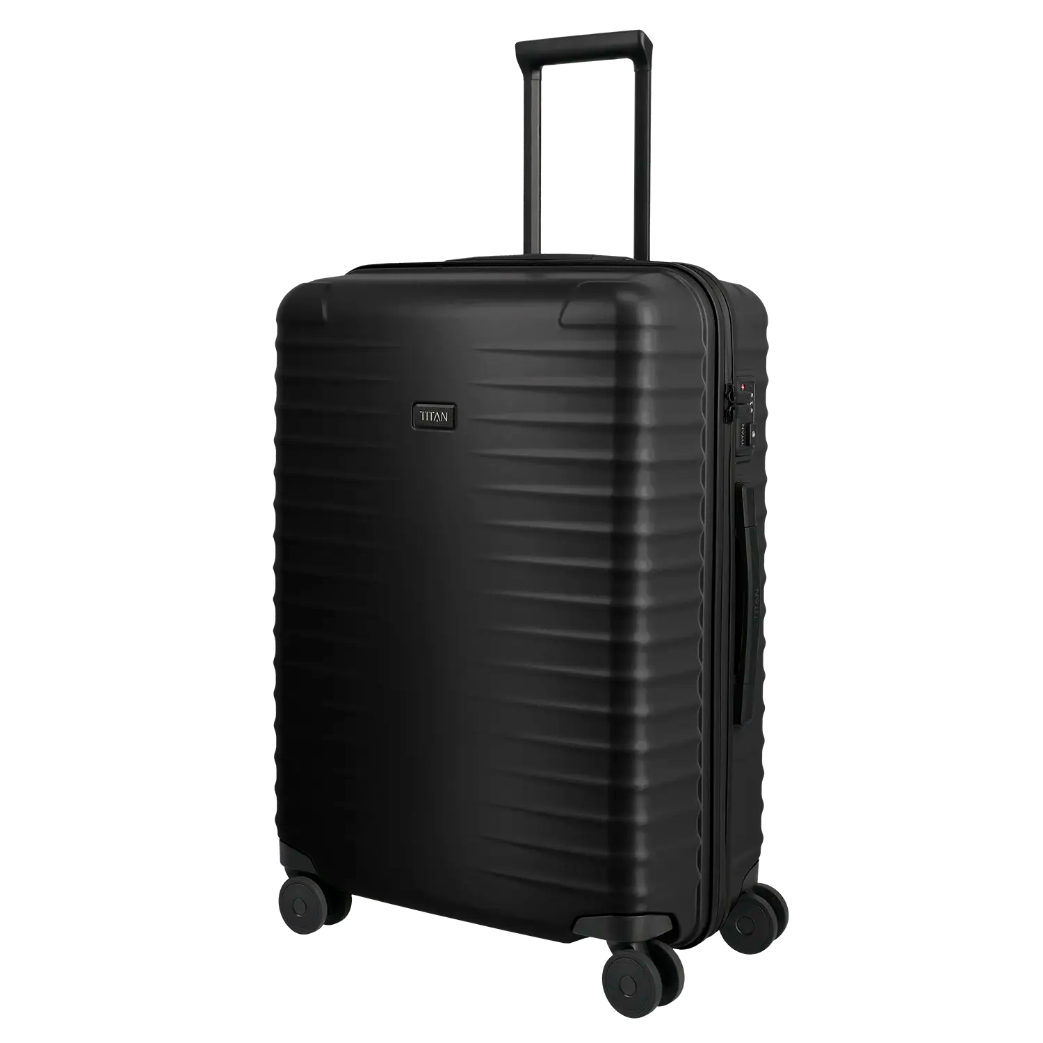 Titan Upgrade Trolley M+ - Seitenansicht mit vier Premium Spinner-Rollen Nightshade Black