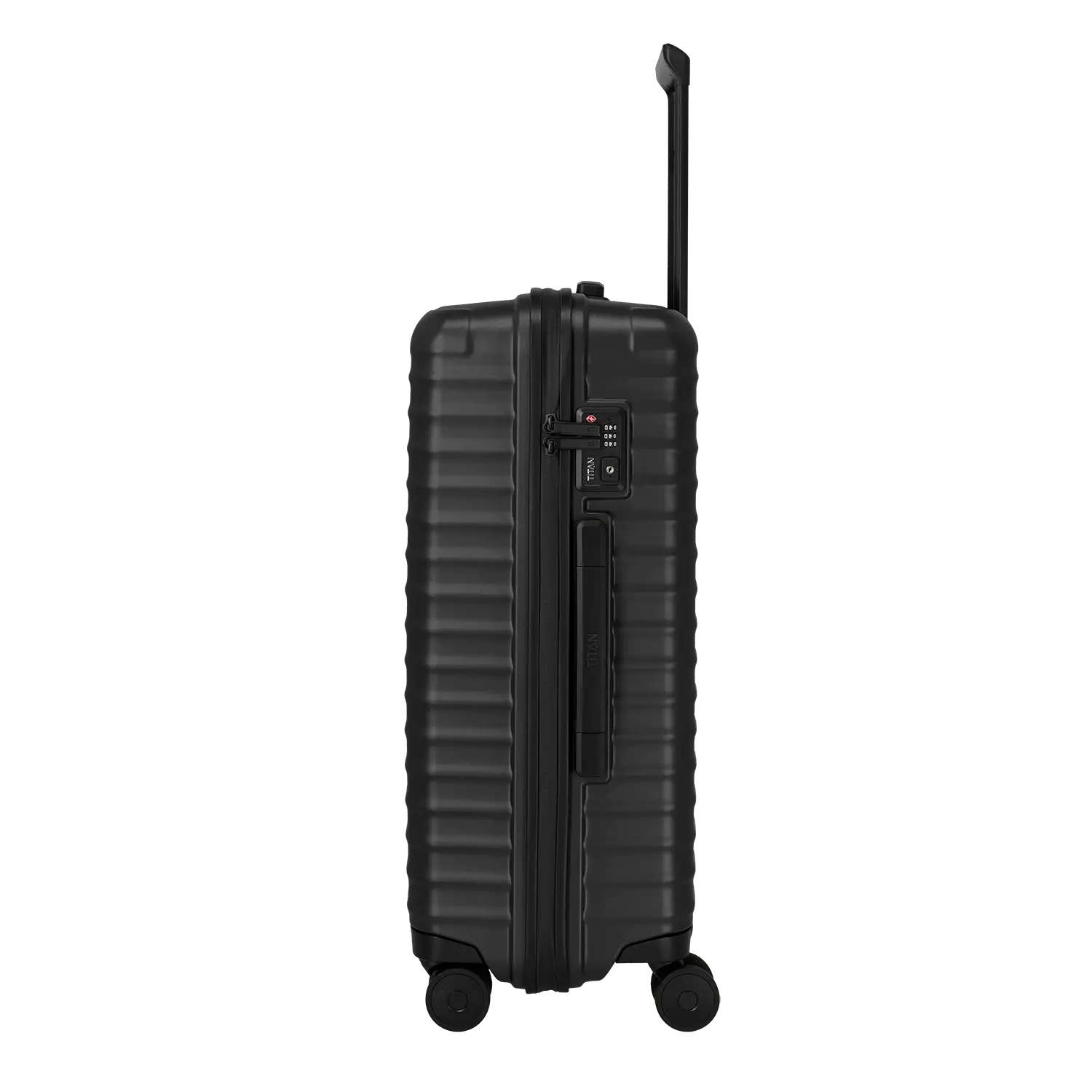 Titan Upgrade Trolley M+ 69 cm - Zusätzliche Funktionsansicht mit TSA-Zahlenschloss des 4-Rollen Systems Nightshade Black