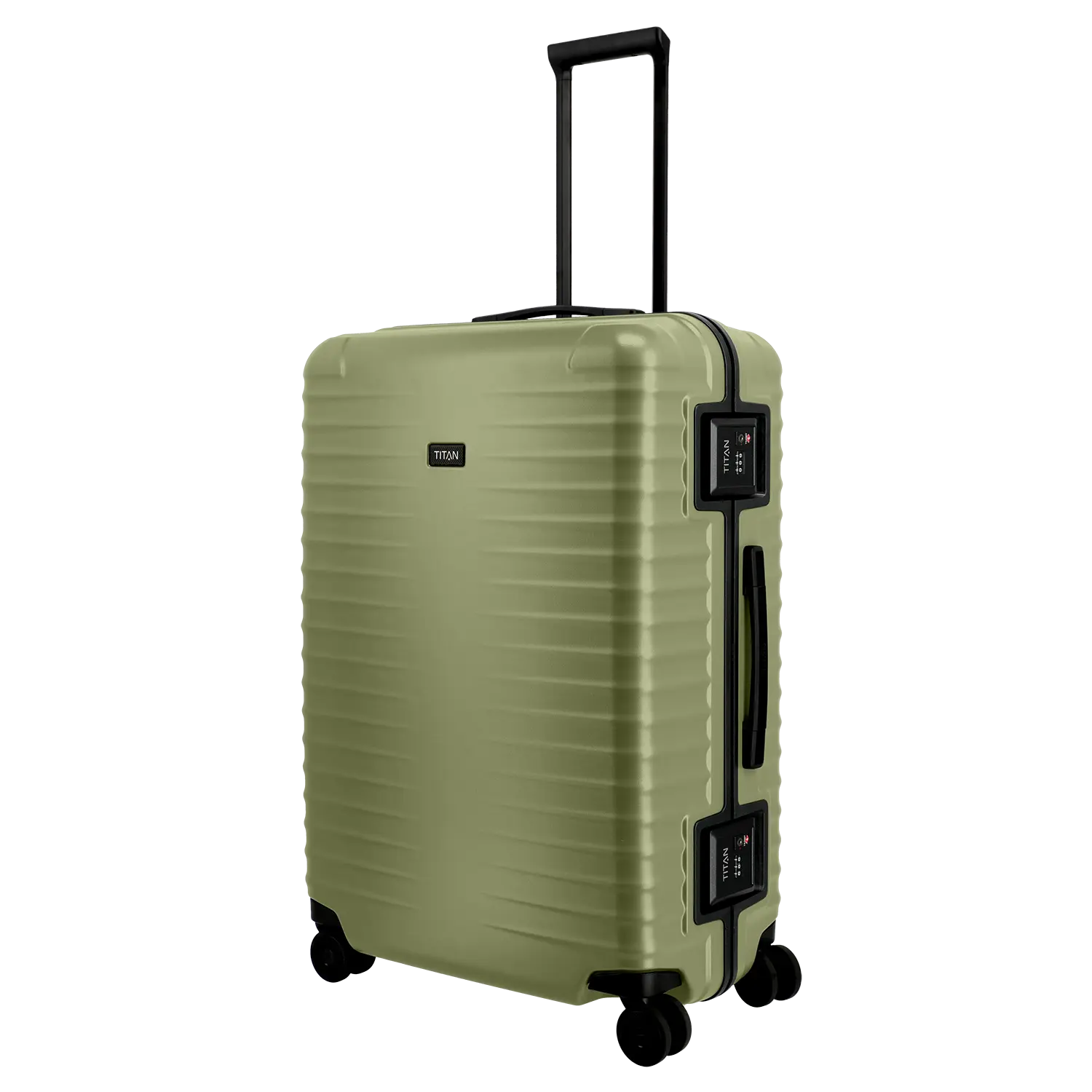 Grosser Koffer Titan Overseas Trolley L 75 cm - Seitenansicht mit vier leichtlaufenden Spinner-Rollen Forest Green