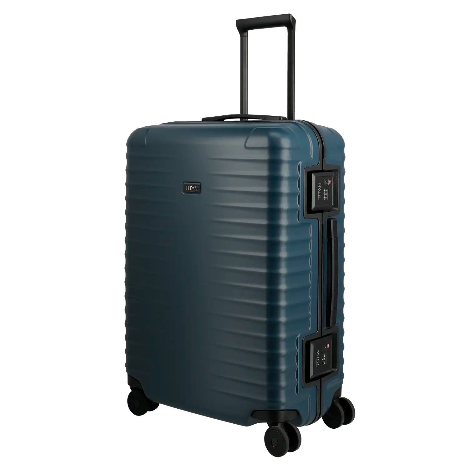 Titan Overseas Trolley M+ 69 cm - Seitenansicht mit vier 360° Spinner-Rollen Midnight Blue