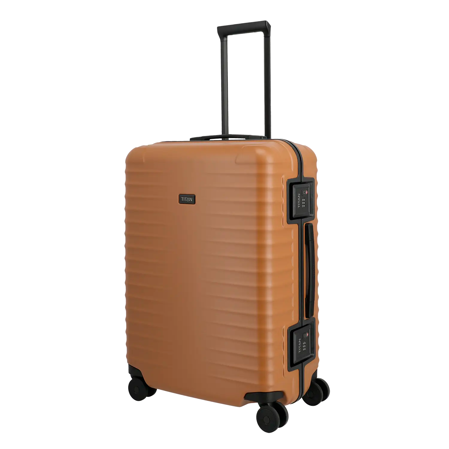 Titan Overseas Trolley M+ Canyon Bronze - Seitenansicht mit leisen Doppelrollen und ergonomischem Handgriff