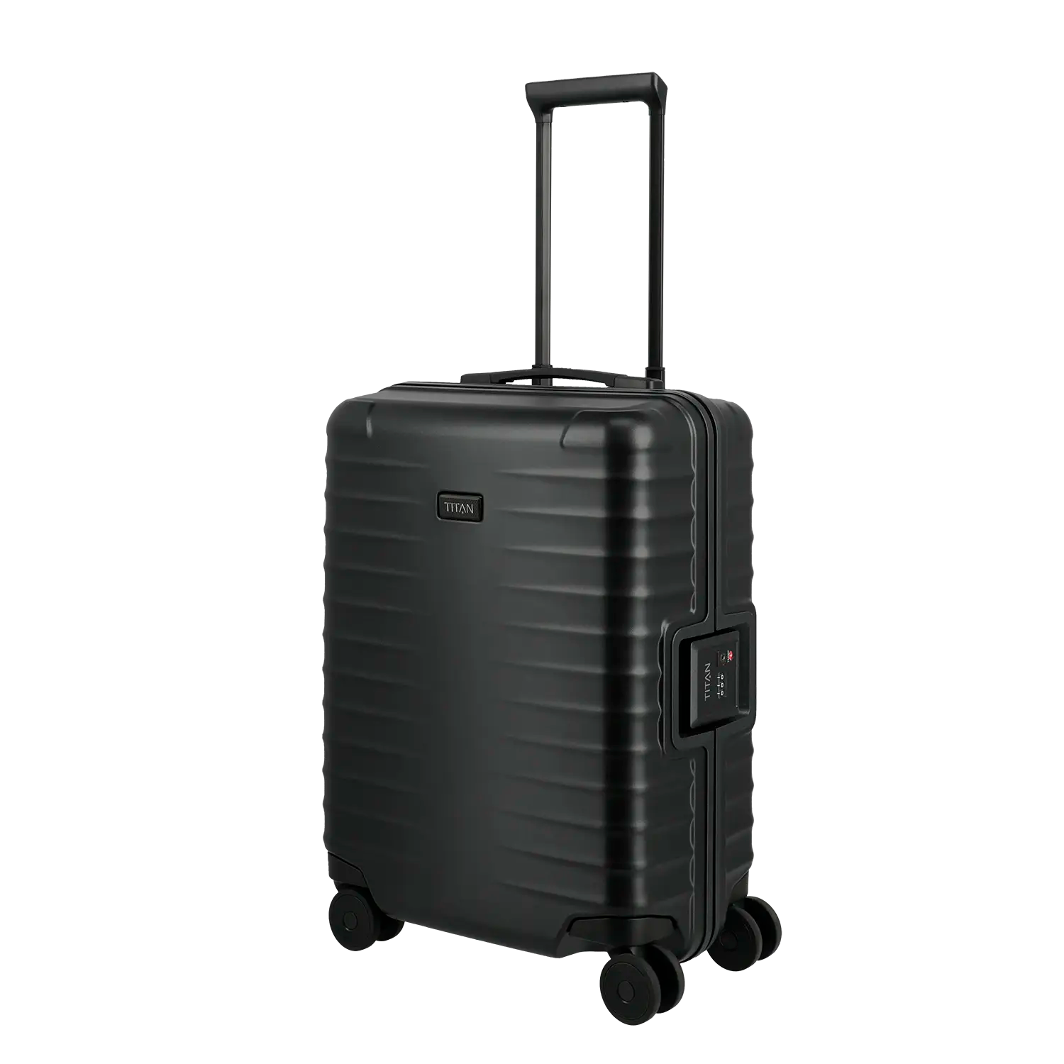 Kleiner Kabinen-Koffer Titan Overseas Trolley S23 Nightshade Black - Seitenansicht mit vier leichtlaufenden Rollen