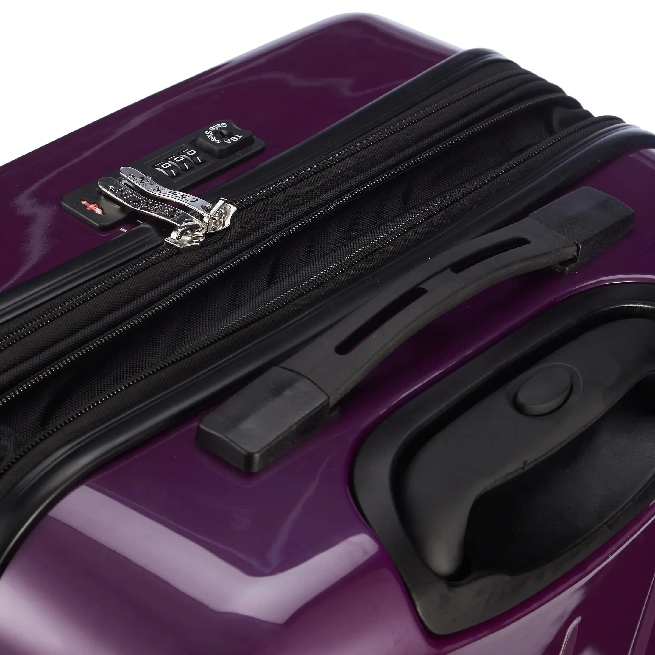 Check In London 2.0 4-Rollen-Trolley 67 cm - violett, Detailansicht TSA-Schloss, Griff, Dehnfalte