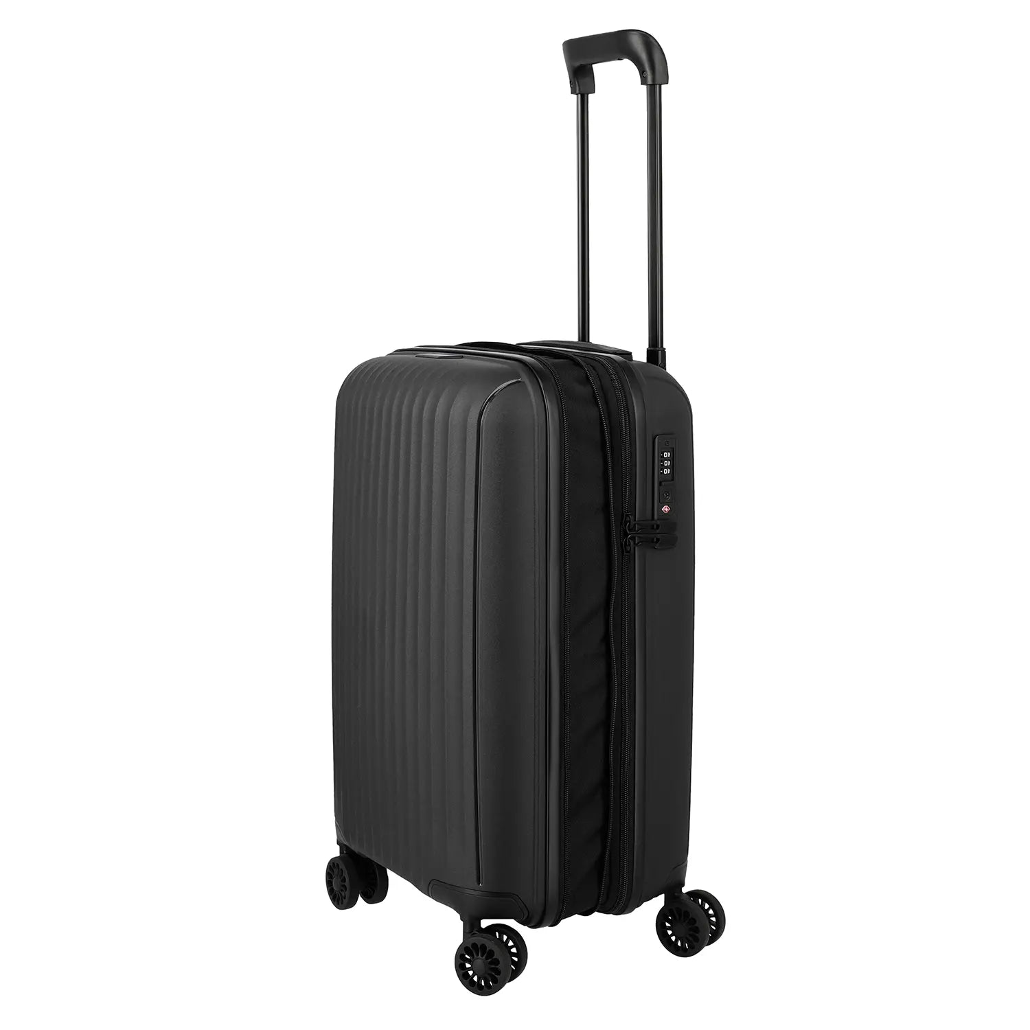 Seitenansicht Travelite Skymate 4-Rollen Kabinentrolley Schwarz – eleganter Trolley in Handgepäckgröße erweiterbar
