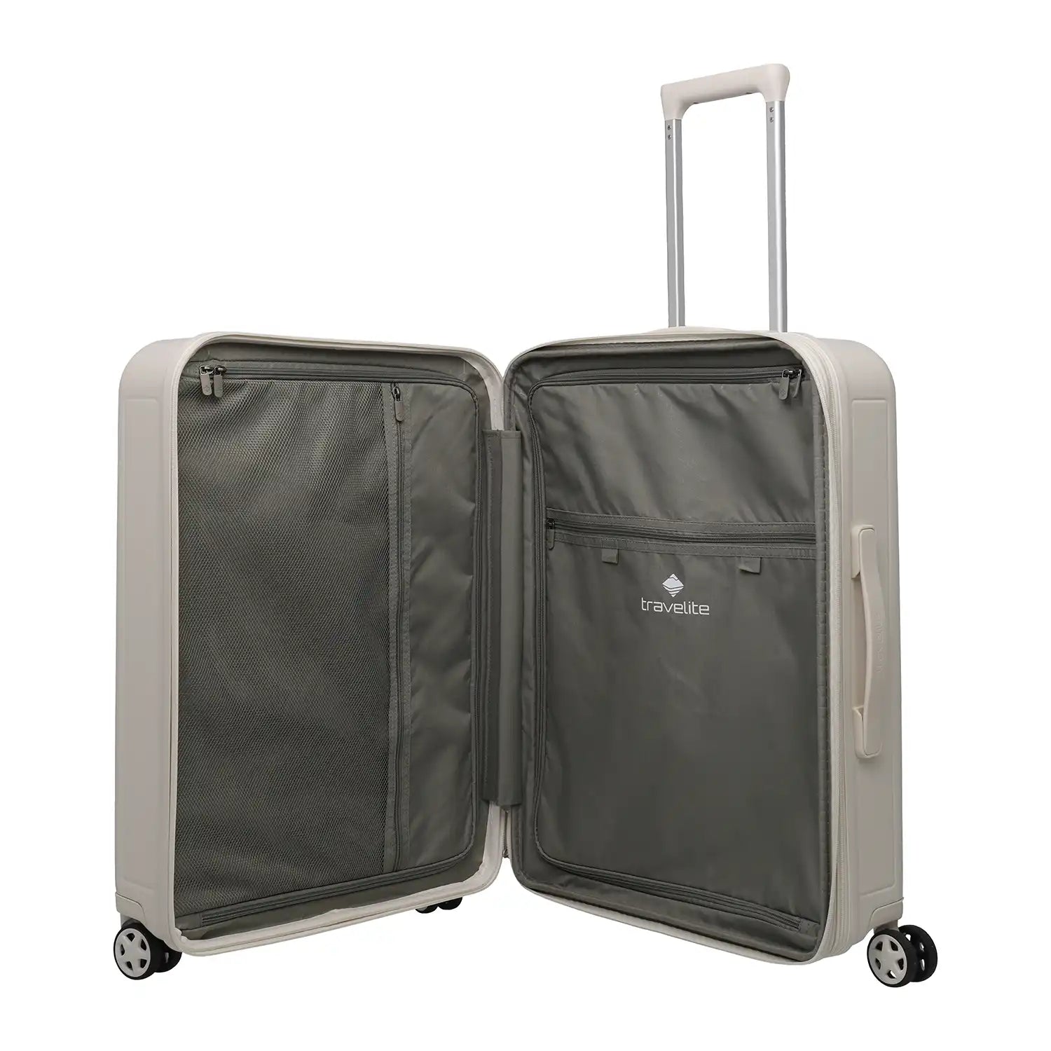 Innenansicht des Travelite Panello 4-Rollen Trolley M 65 cm – Ivory mit Reißverschluss-Trennwänden