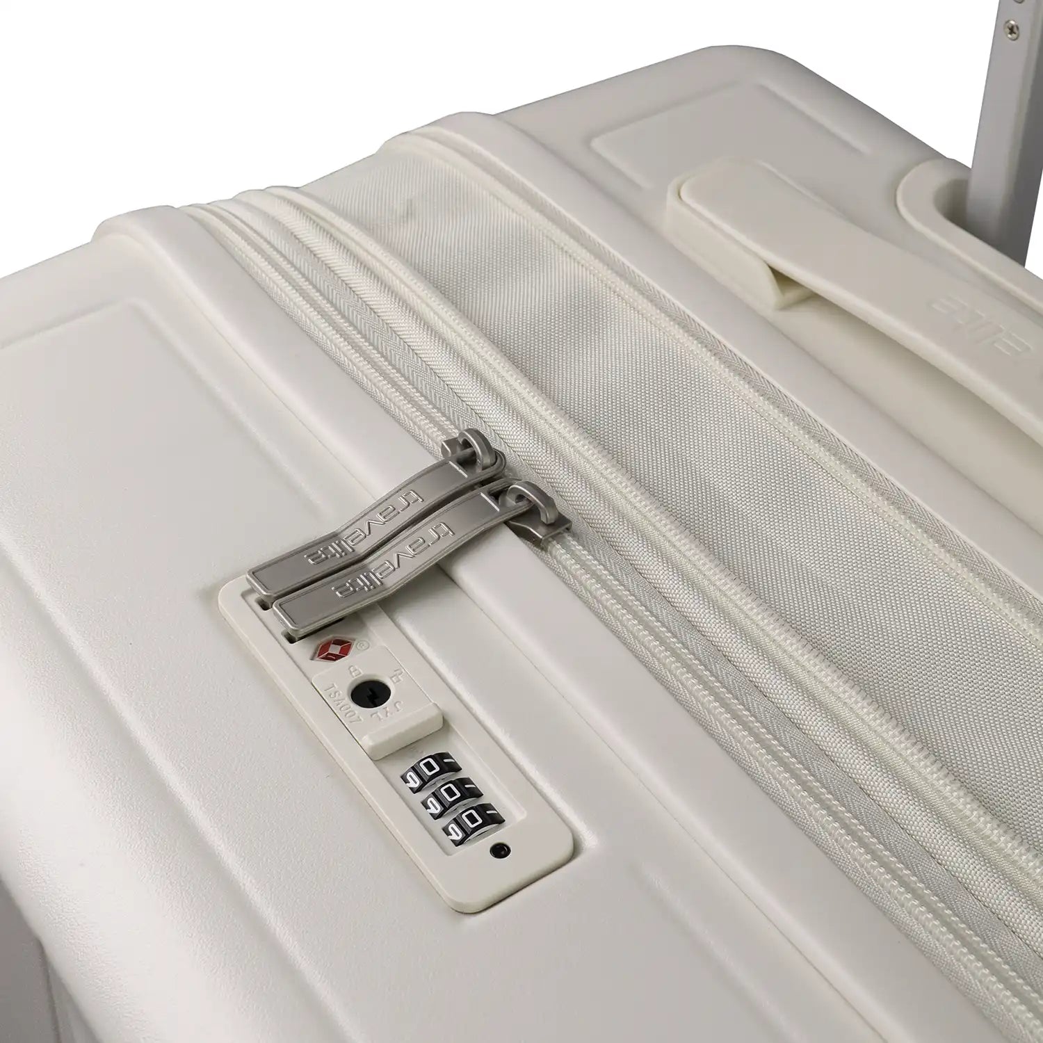 Detailaufnahme vom TSA-Zahlenschloss und abschließbaren Zippern vom Travelite Panello 4-Rollen Trolley M in Ivory