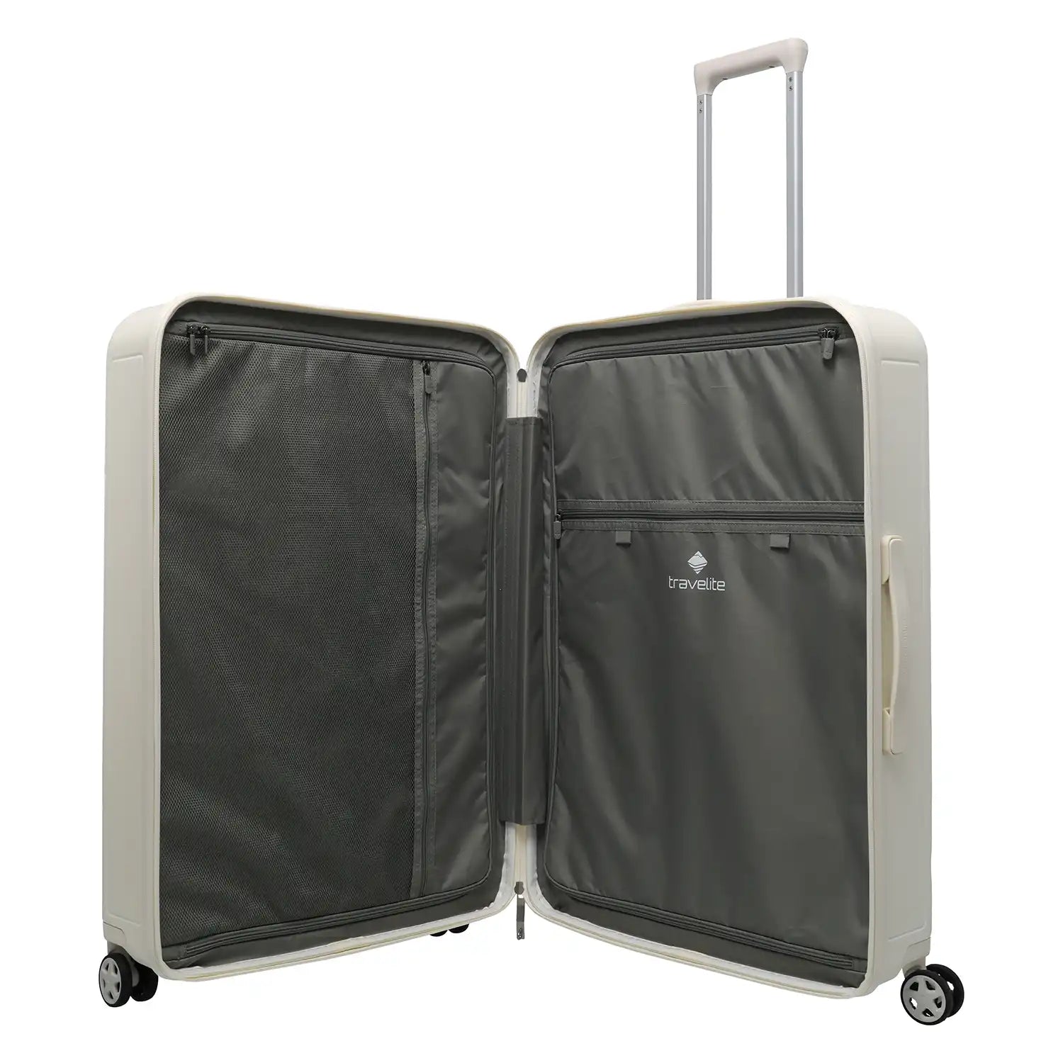 Innenansicht des Travelite Panello 4-Rollen Trolley L 76 cm – Ivory mit Reißverschluss-Trennwänden