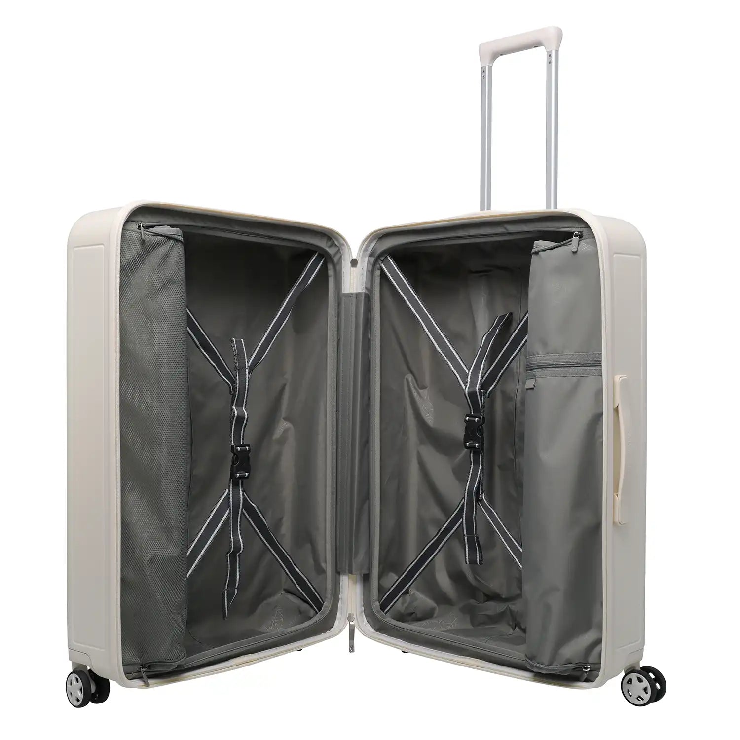 Innenansicht des Travelite Panello 4-Rollen Trolley L 76 cm – Ivory mit durchdachtem Innenraum und Kreuzspanngurten