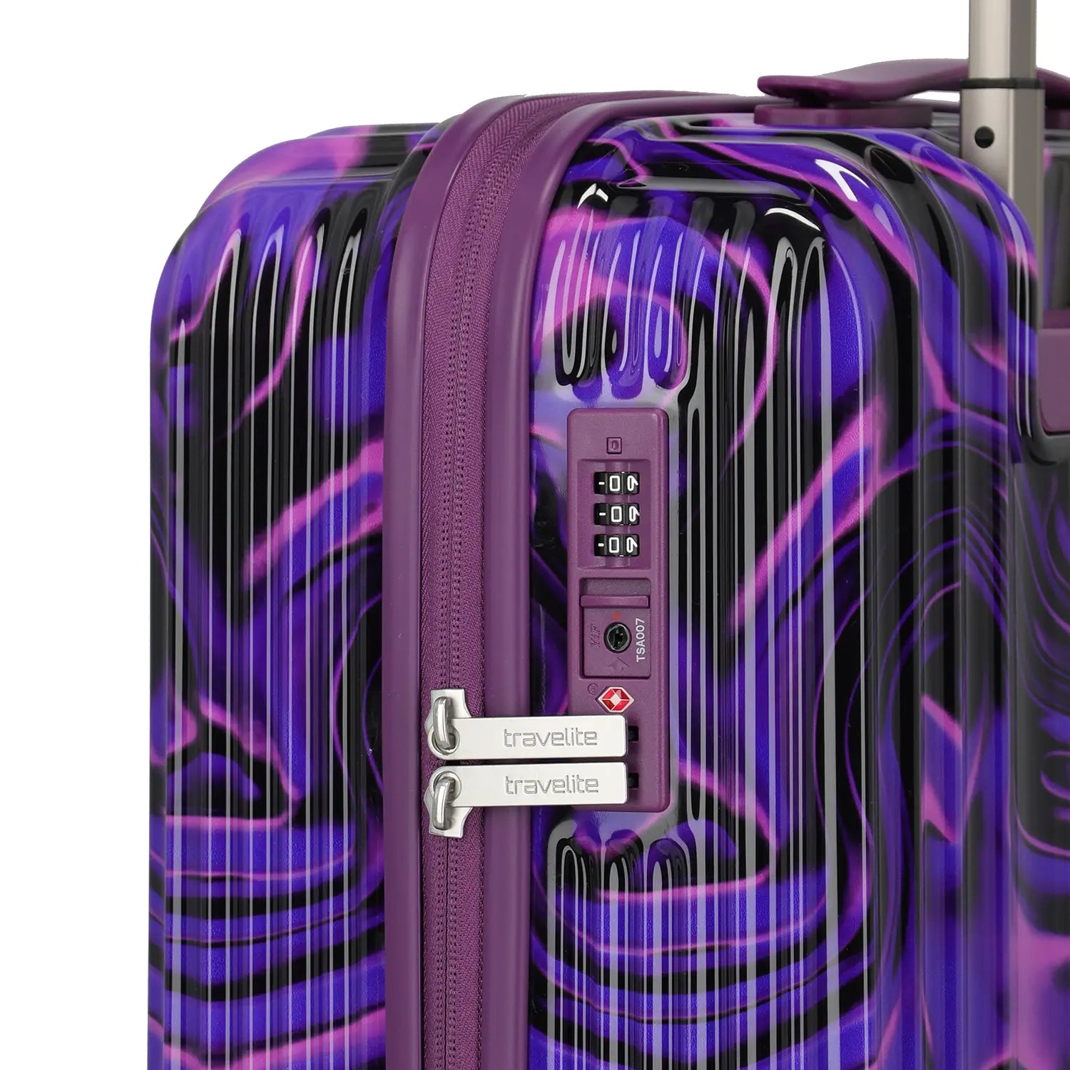Travelite Lascana Edition Trolley S 55 cm Purple Swirl - Detailansicht des TSA_Zahlenschlosses und des Purple Swirl Musters