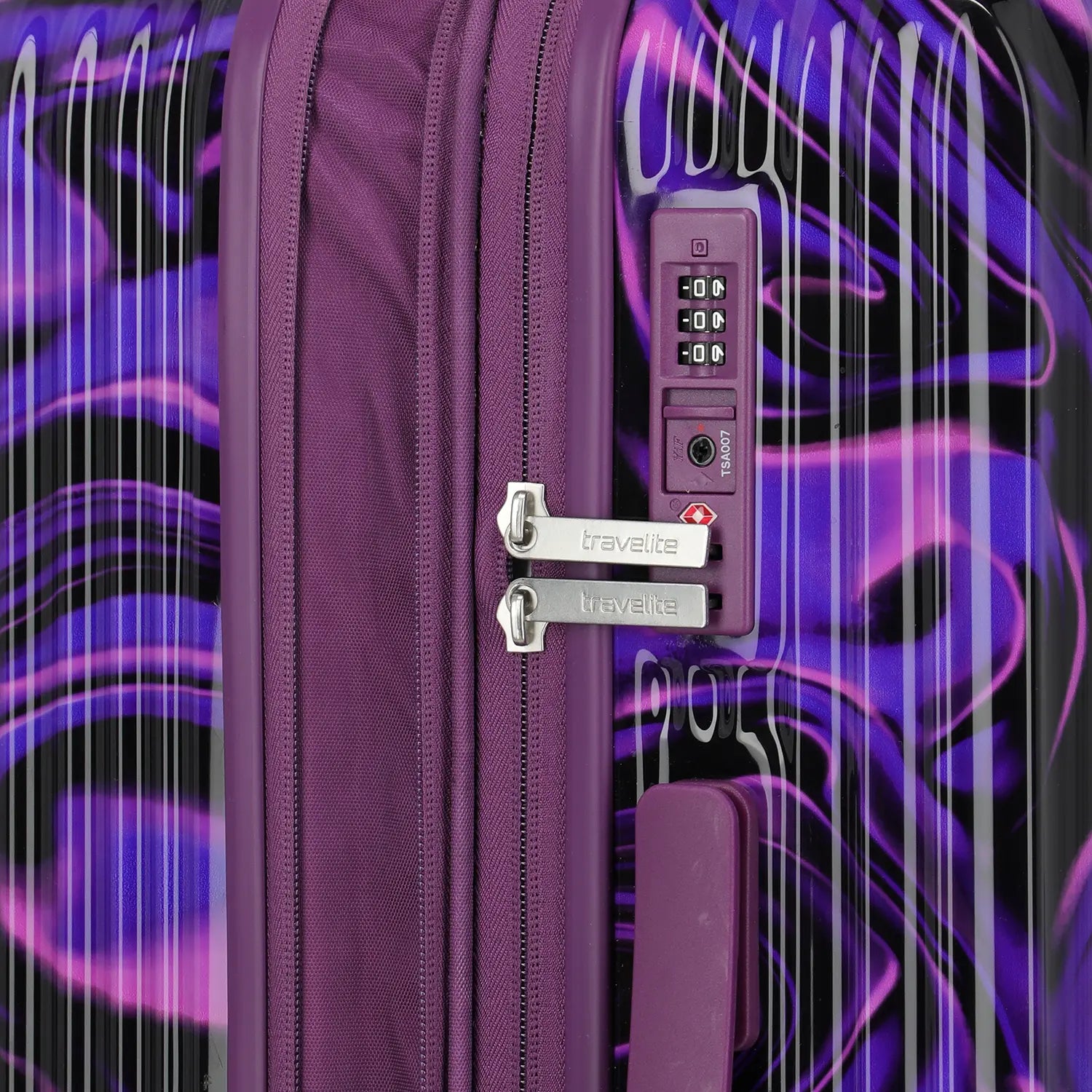 ravelite Lascana Edition Trolley M 65 cm Purple Swirl - Detailansicht TSA-Zahlenschloss und abschließbare Zipper