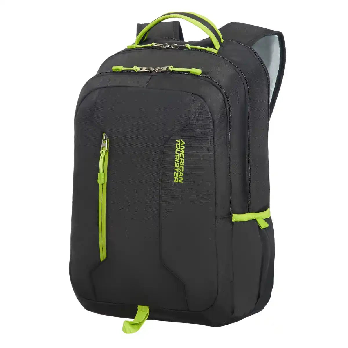 Schwarzer Rucksack mit neon-grünen Applikationen von American Tourister