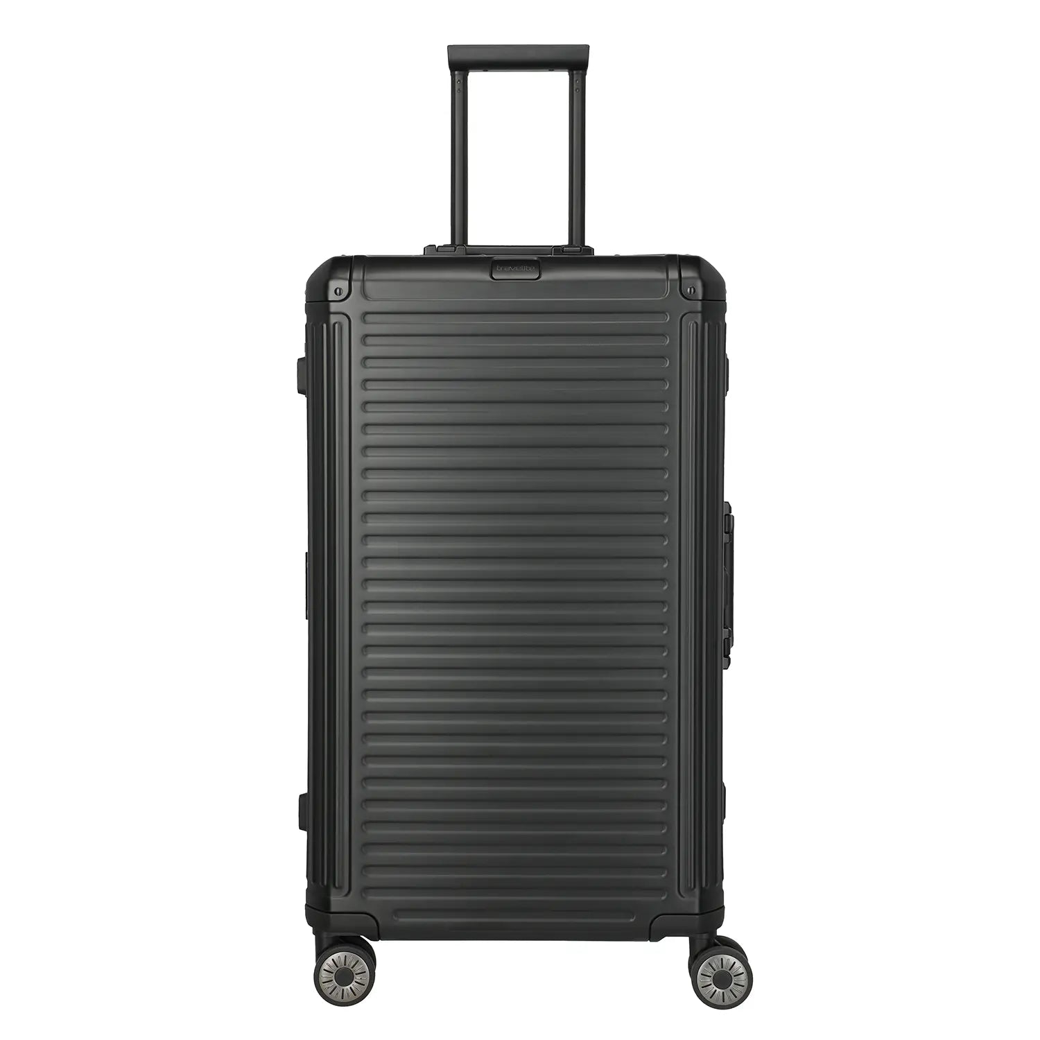 Frontansicht Travelite Next 4-Rollen Trunk L Schwarz – eleganter und stabiler Reisekoffer 76 cm wie Rimowa